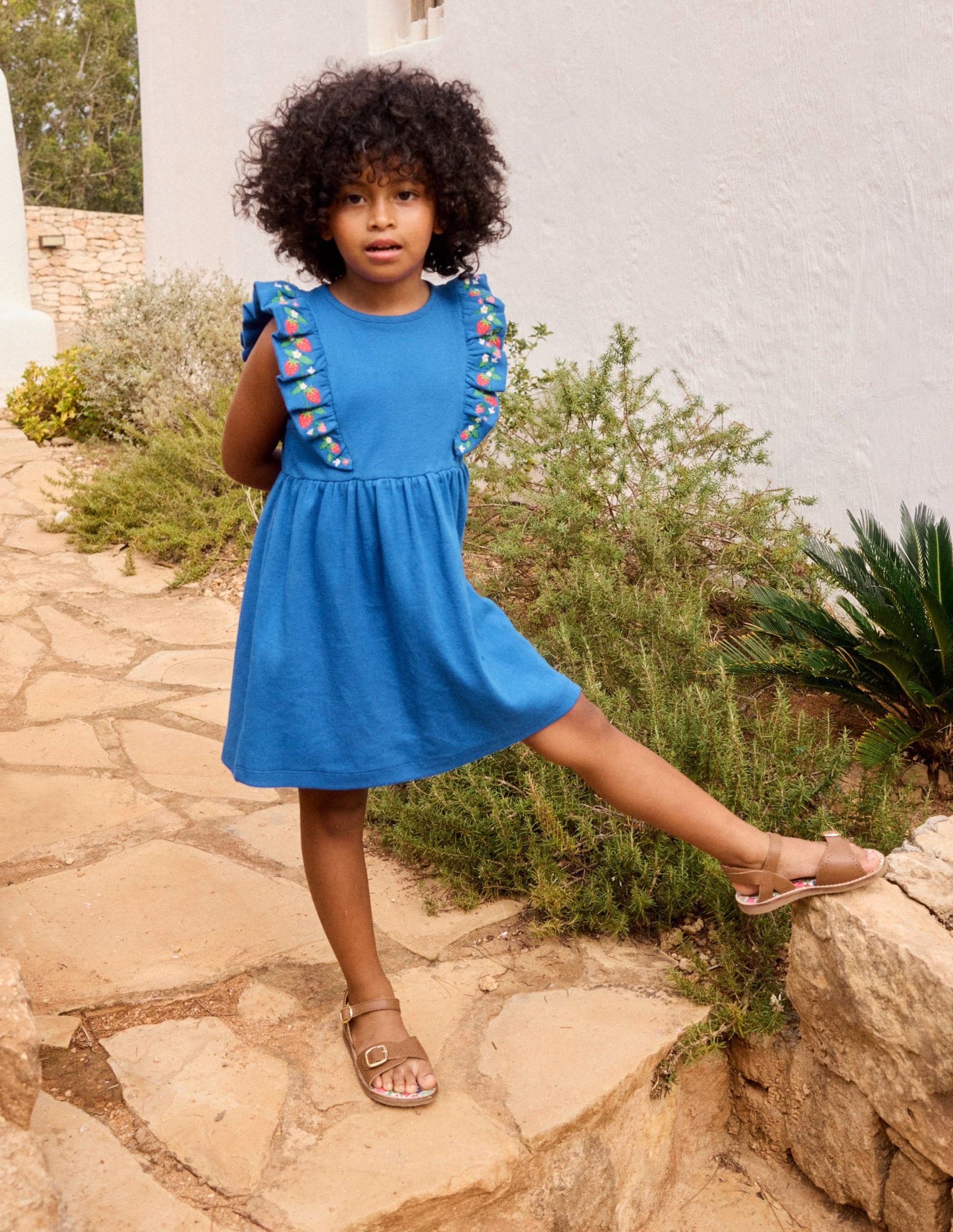 Embroidered Frill Jersey Dress-Gallery Blue-1