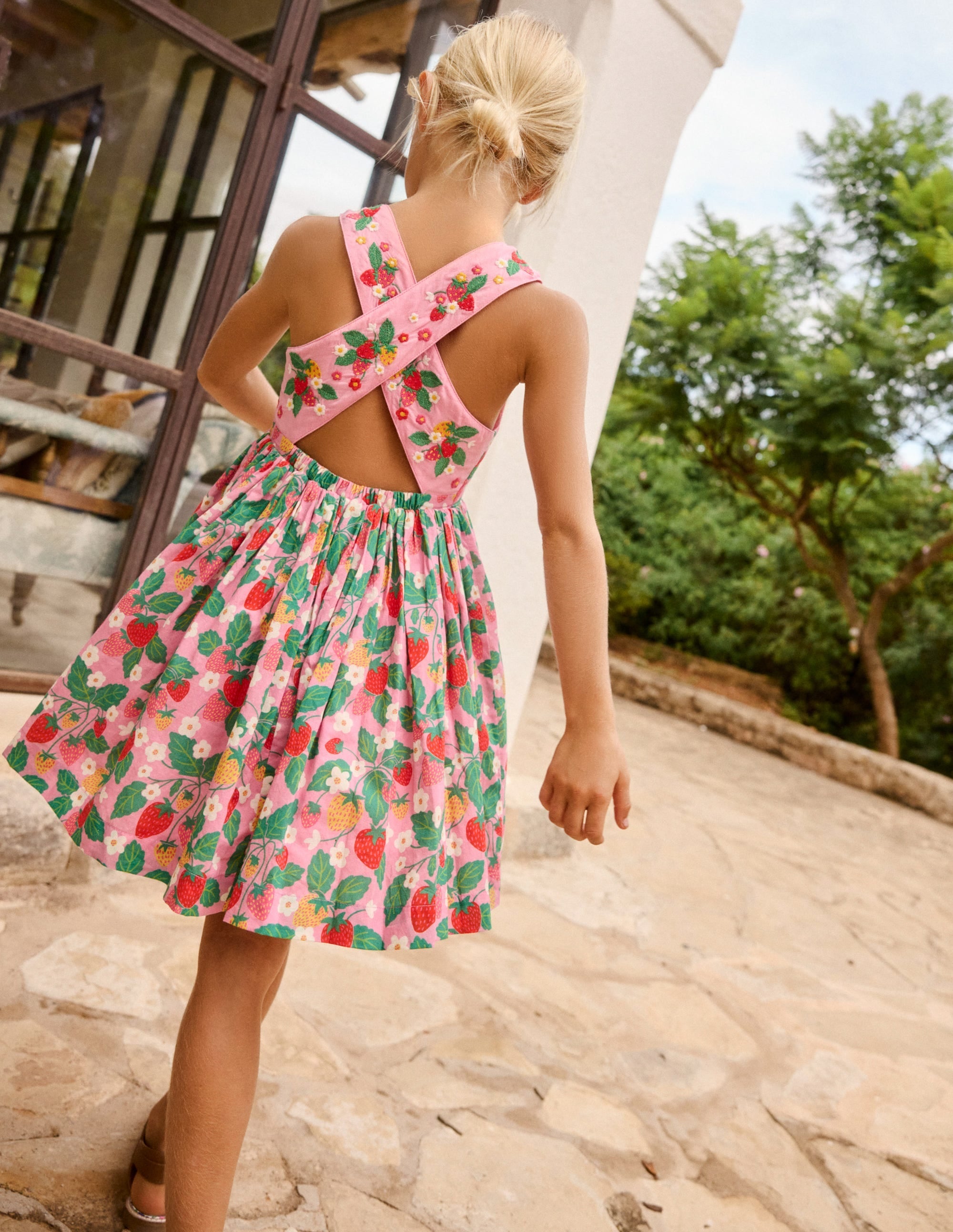 Harper Cross-Back Dress-Cosmos Pink Strawberry Patch - Image 5