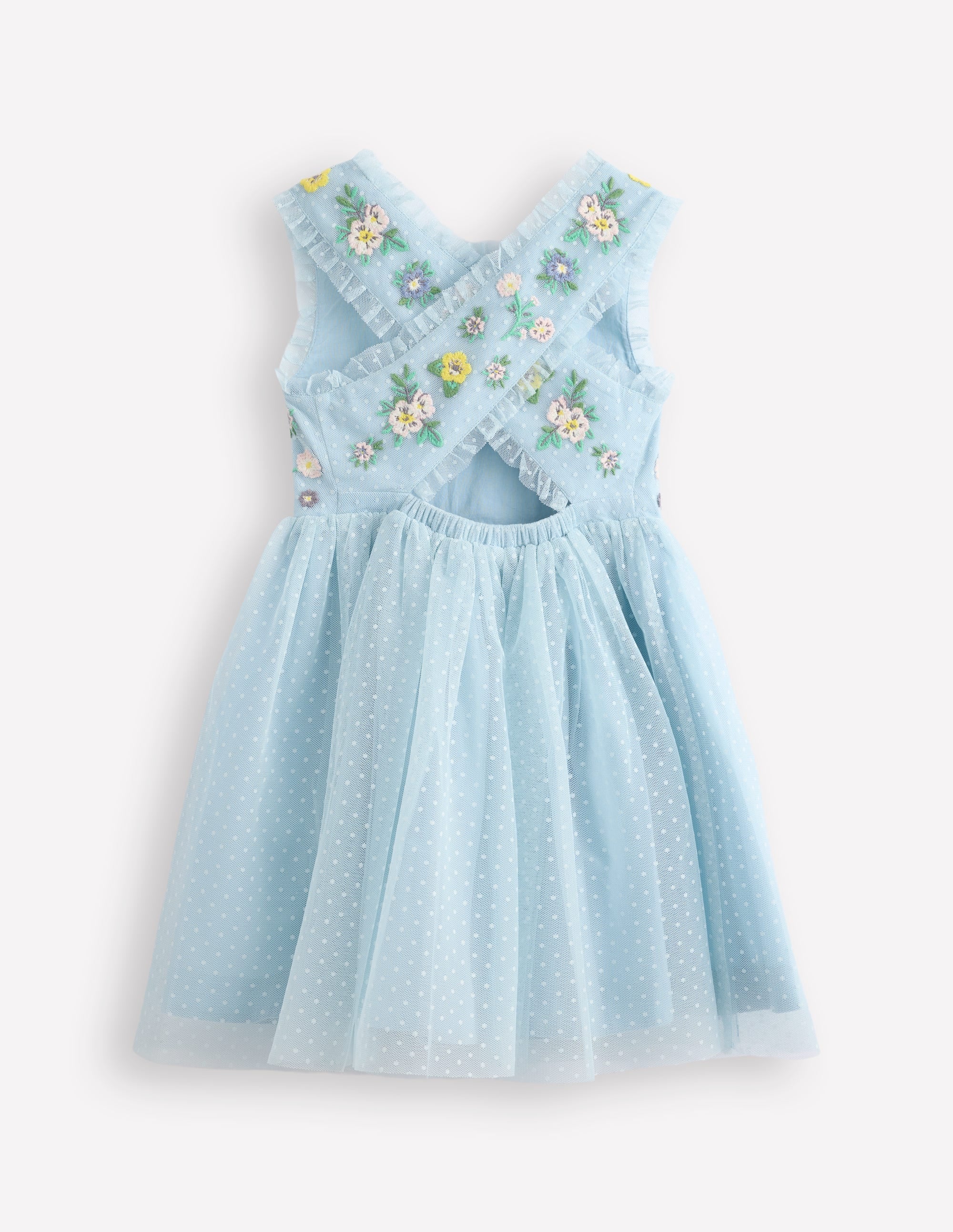 Tulle Cross-Back Dress-Blue Floral Embroidery - Image 3