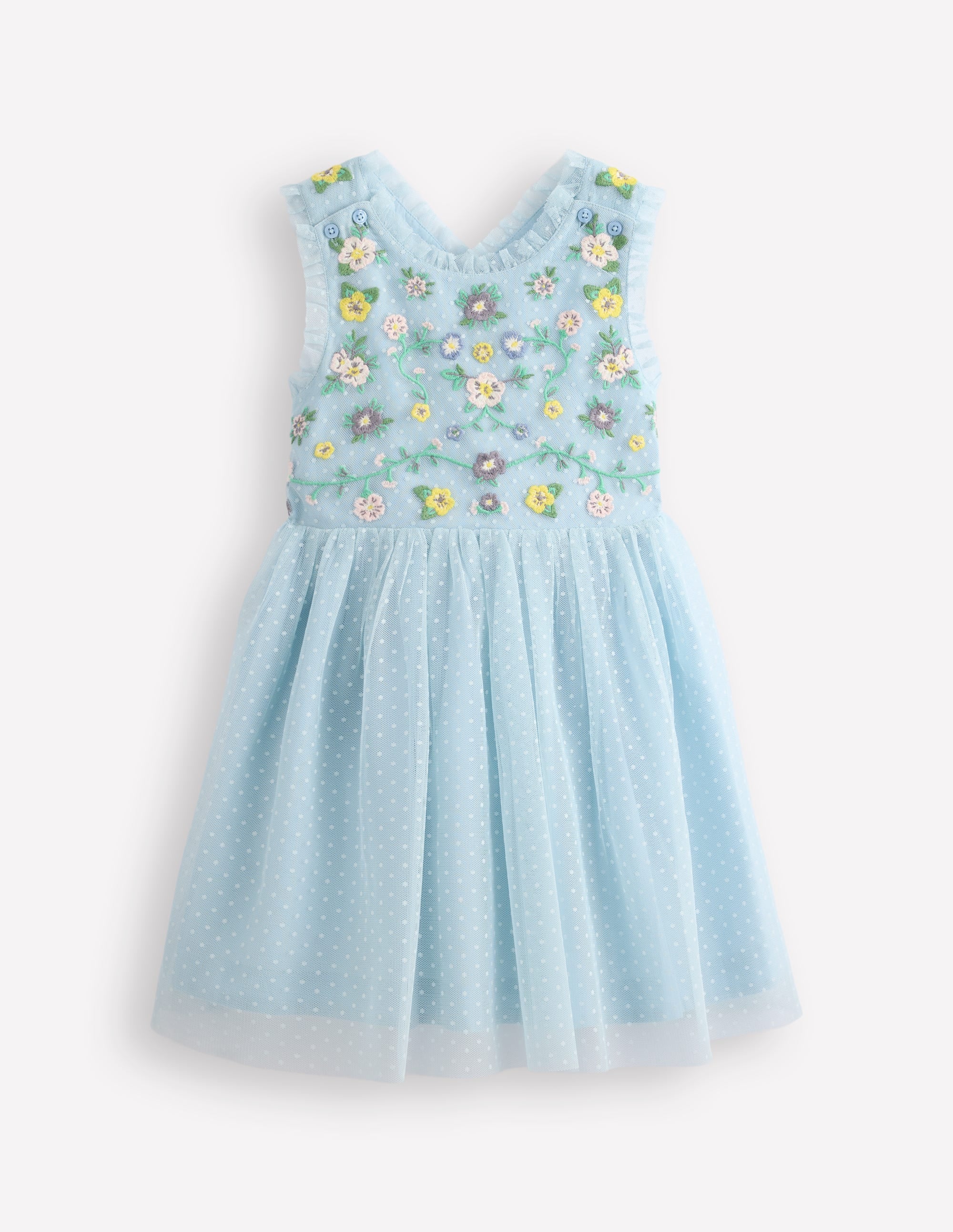 Tulle Cross-Back Dress-Blue Floral Embroidery - Image 2