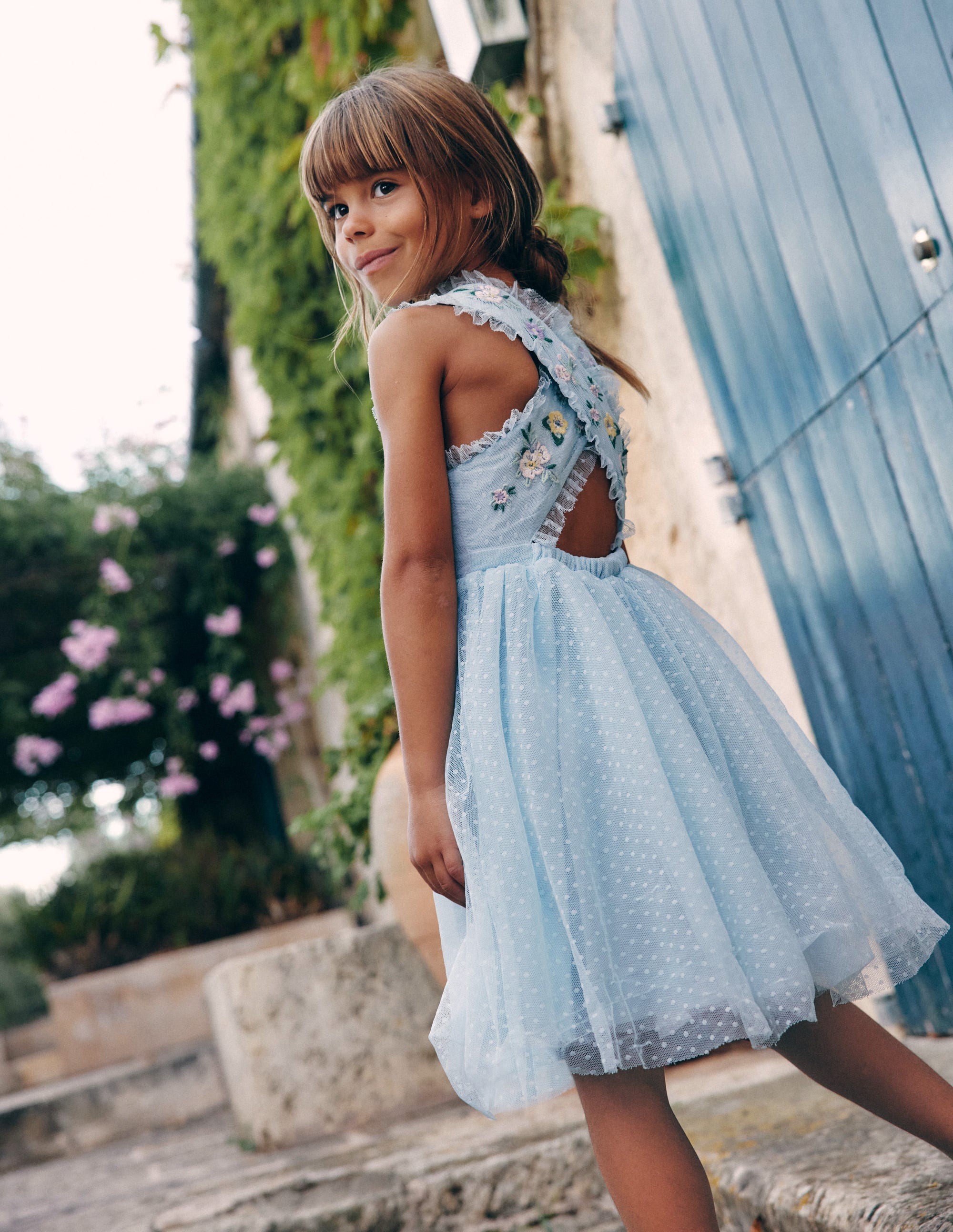 Tulle Cross-Back Dress-Blue Floral Embroidery - Image 1