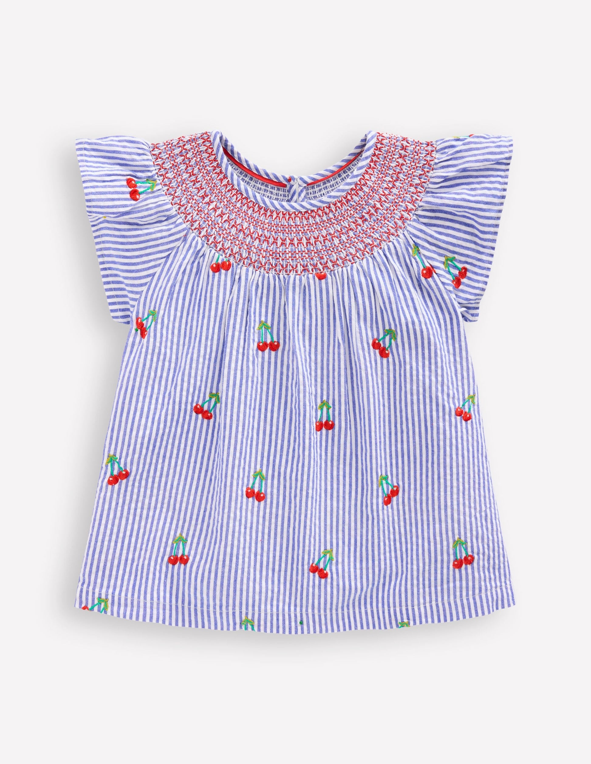 Woven Smocked Top-Blue Ticking Cherries-1