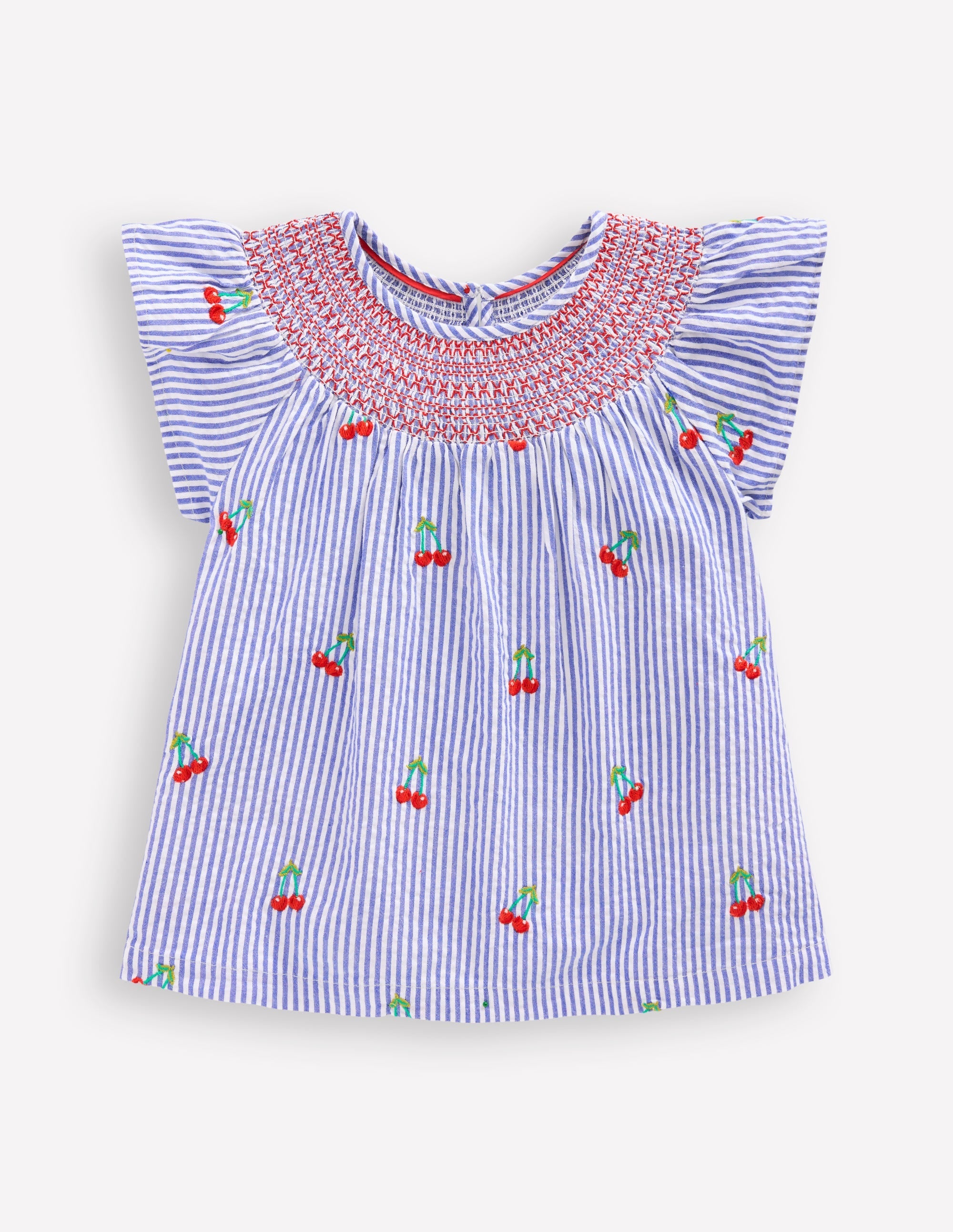 Woven Smocked Top-Blue Ticking Cherries - Image 1