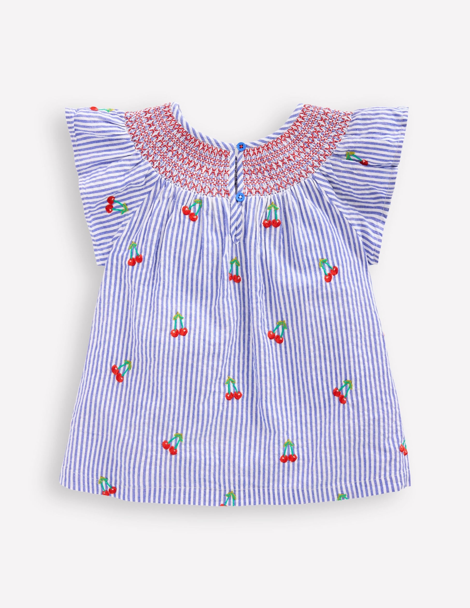 Woven Smocked Top-Blue Ticking Cherries-2