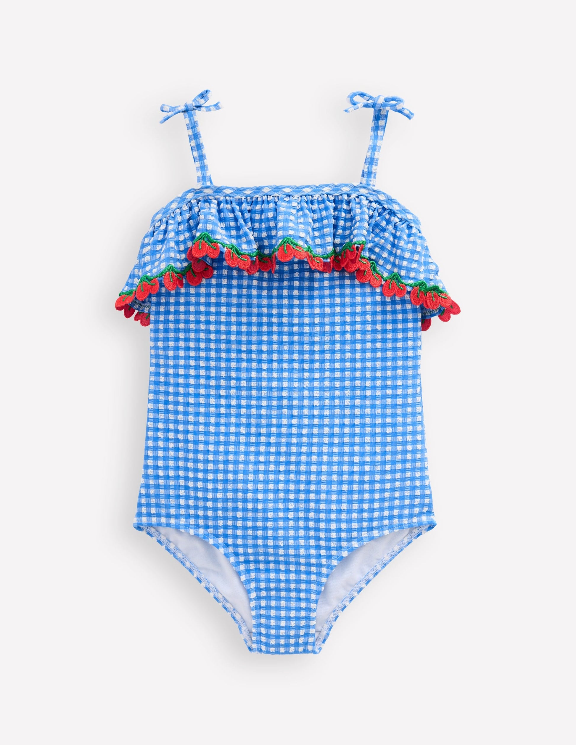 Frill Tie Detail Swimsuit-Blue Gingham Cherries-1
