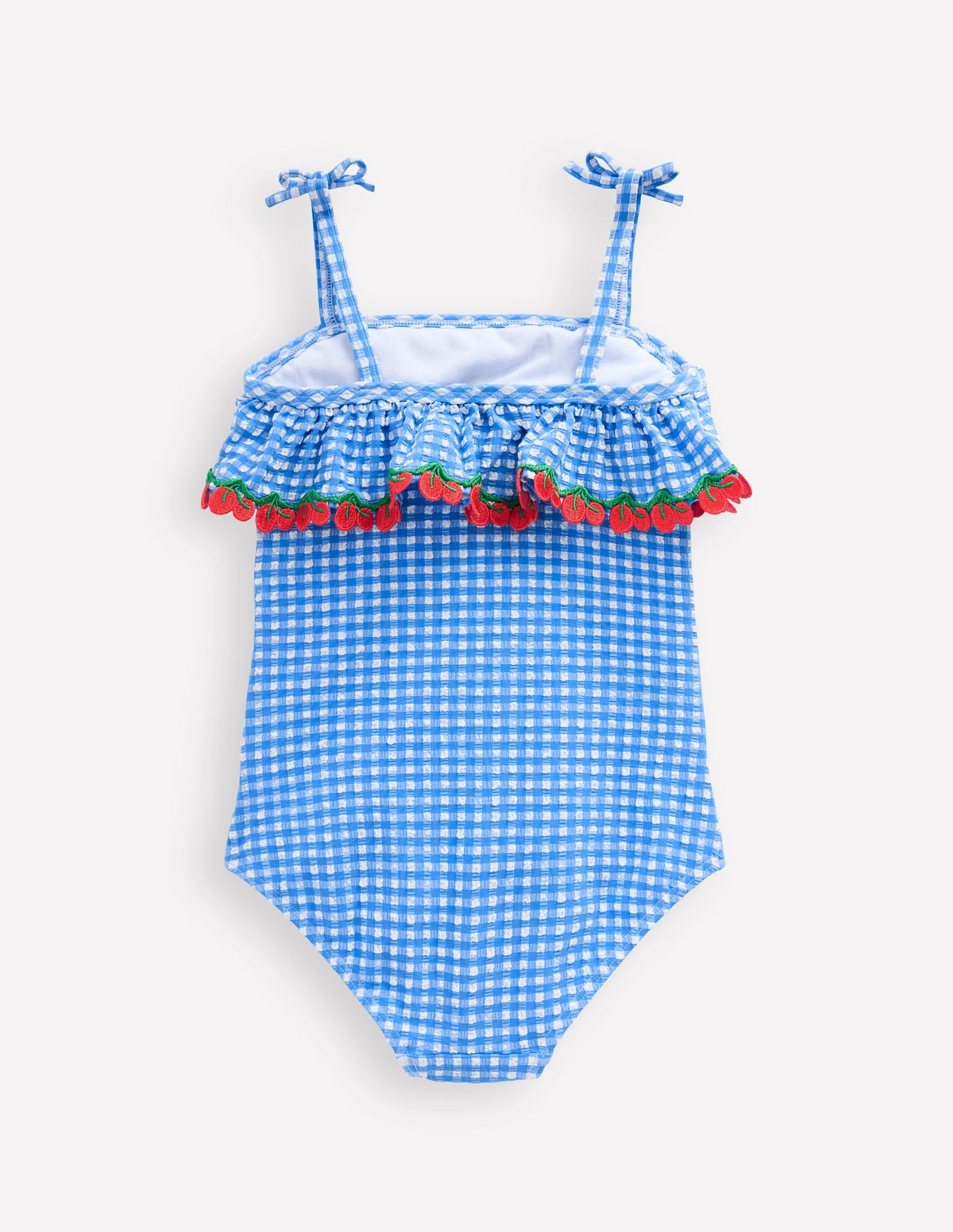 Frill Tie Detail Swimsuit-Blue Gingham Cherries-2