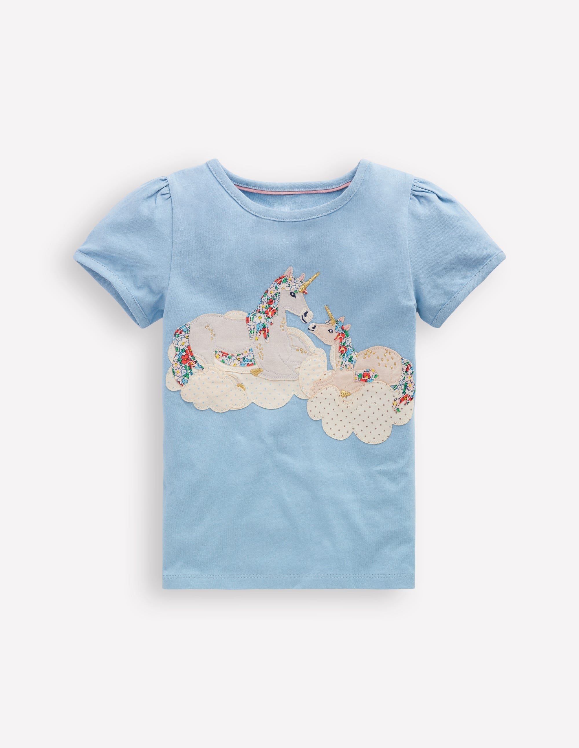 Puff Sleeve Appliqué T-shirt-Glacier Blue Unicorns - Image 1