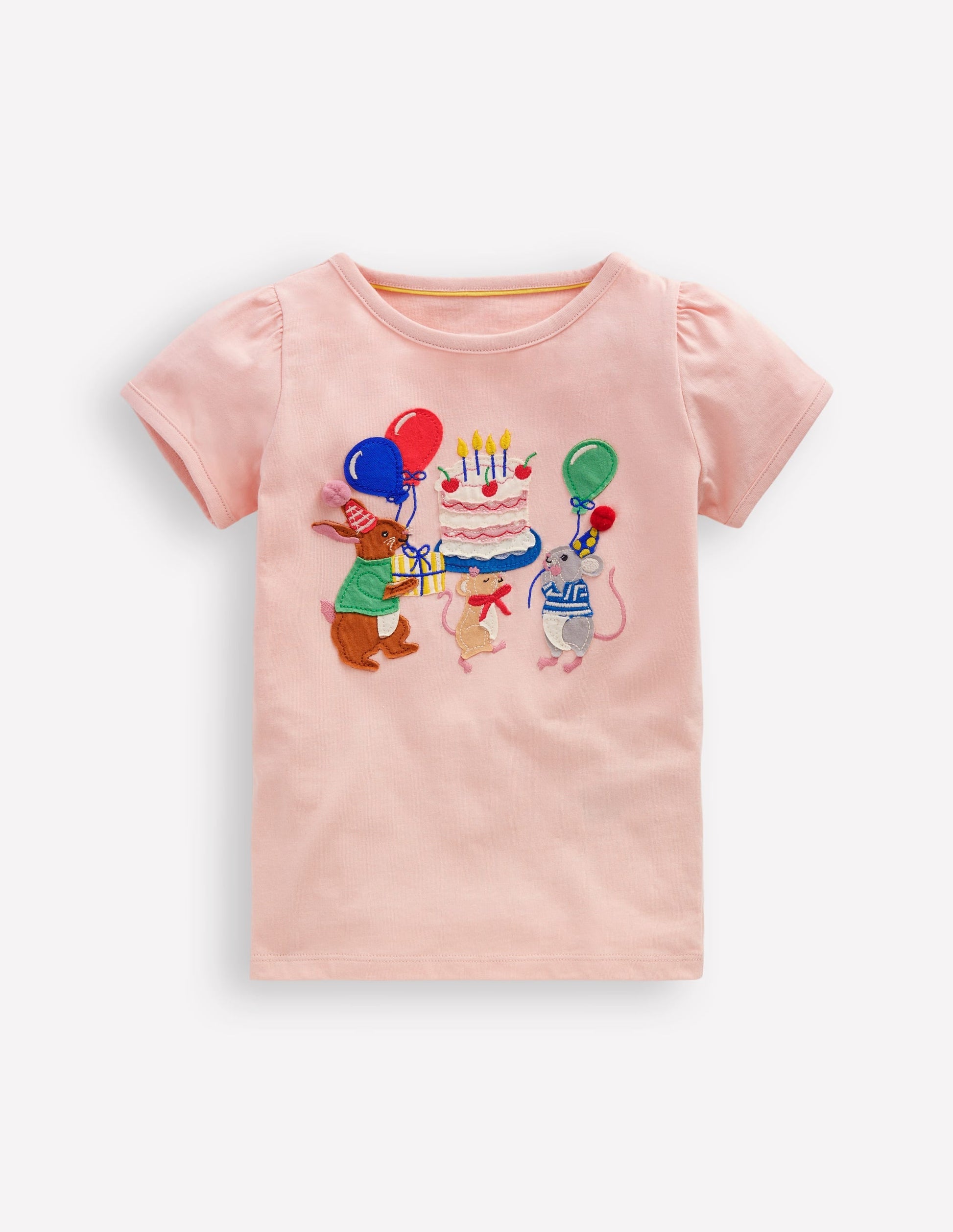 Puff Sleeve Appliqué T-shirt-Chalk Pink Birthday Friends-1