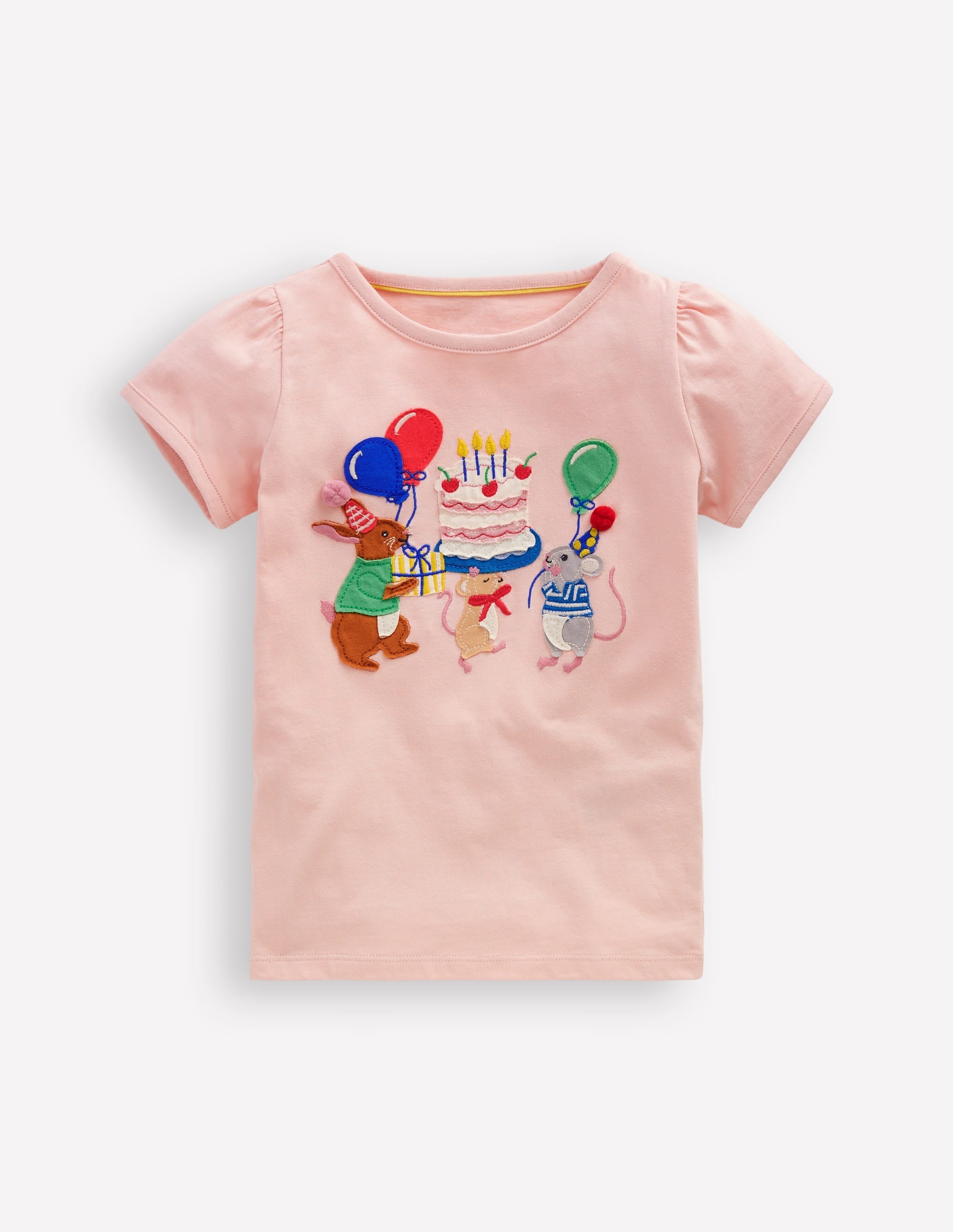 Puff Sleeve Appliqué T-shirt-Chalk Pink Birthday Friends - Image 1