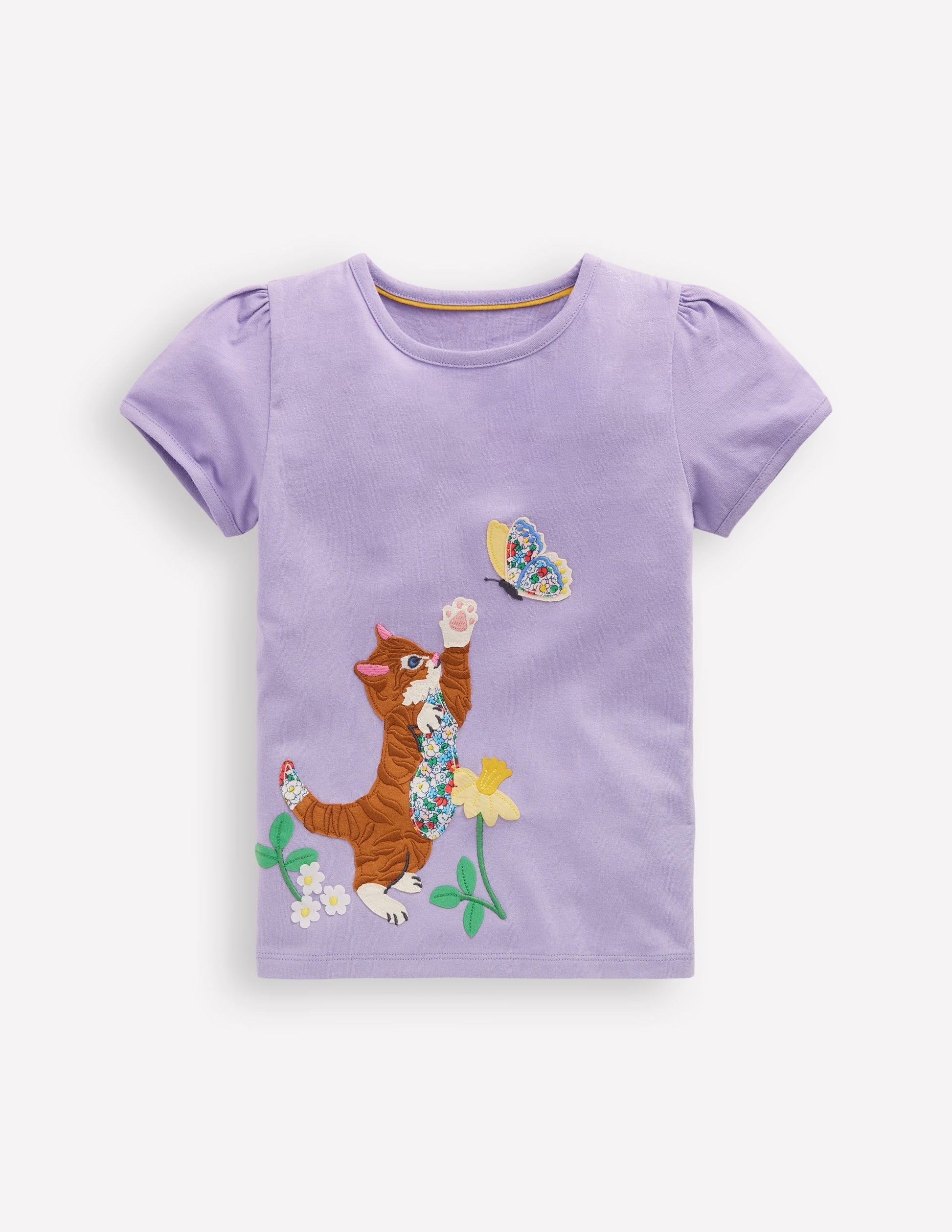 Puff Sleeve Appliqué T-shirt-Misty Lavender Cat-1