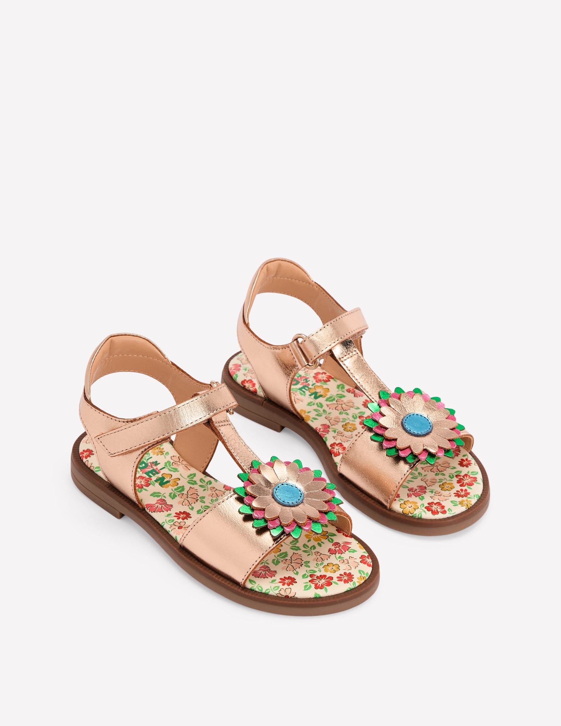 Fun Leather Sandals-Gold Metallic Flower-2