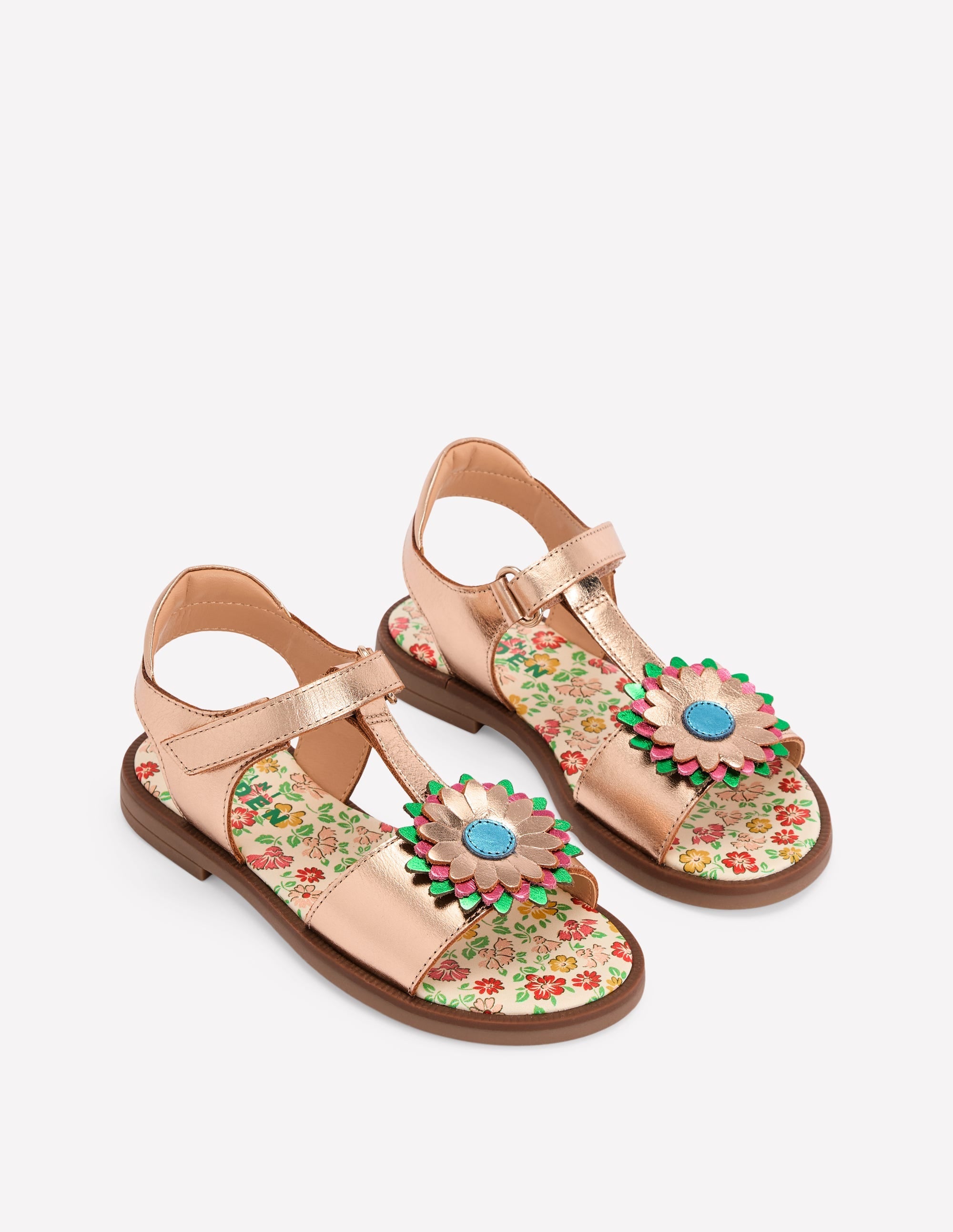 Fun Leather Sandals-Gold Metallic Flower - Image 2