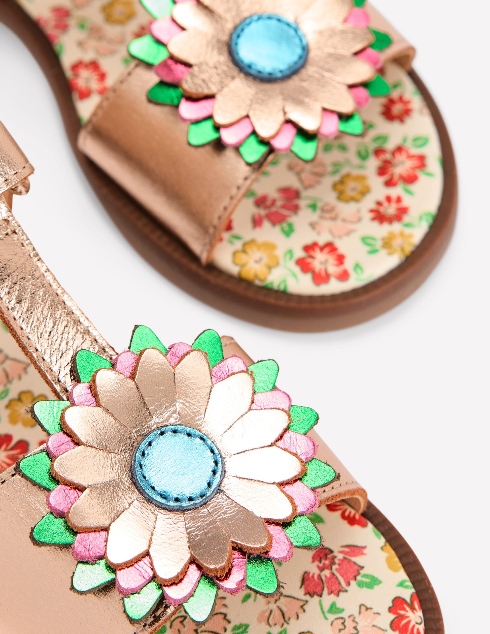 Fun Leather Sandals-Gold Metallic Flower-3