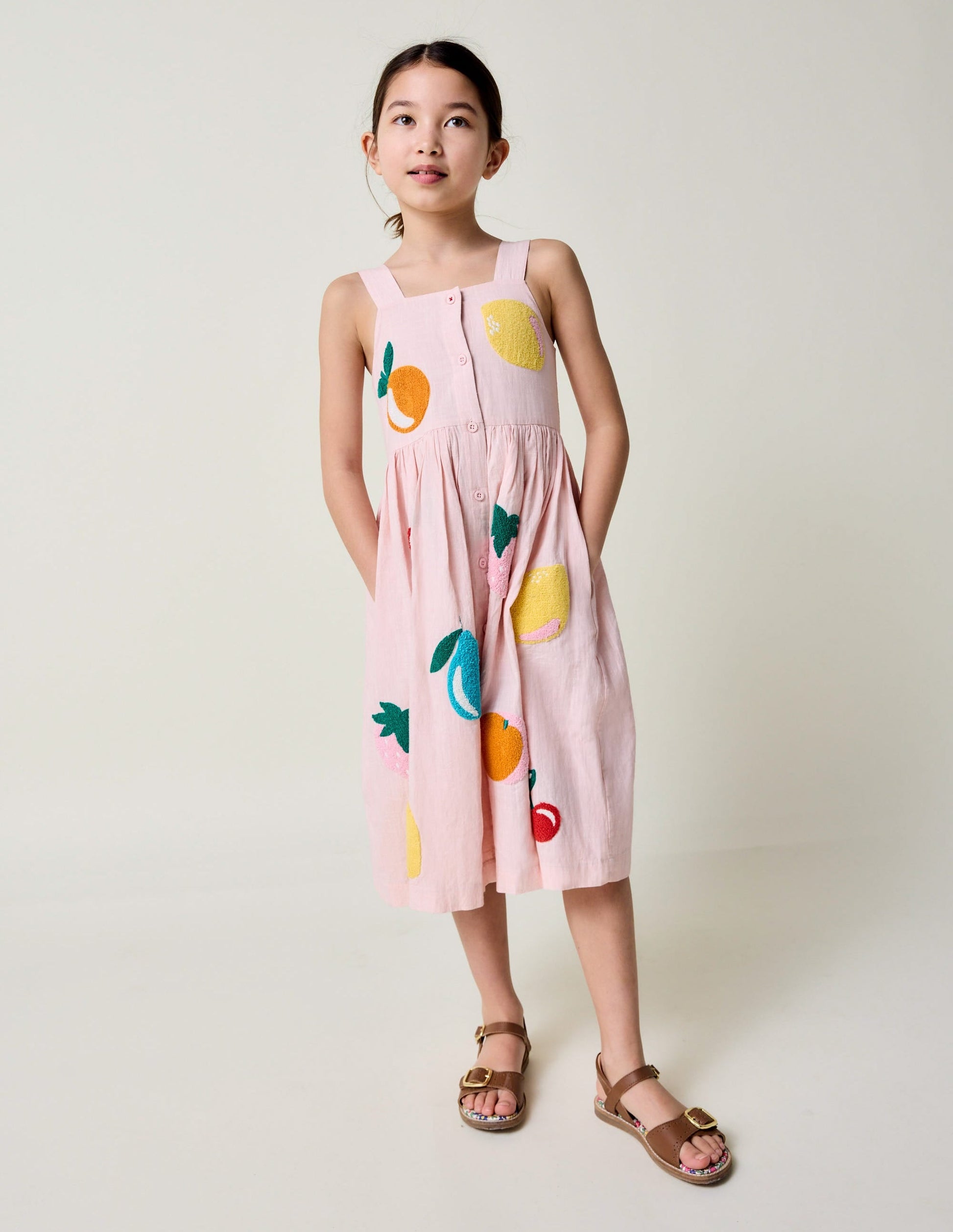 Button Through Woven Dress-Chalk Pink Boucle Fruit-1