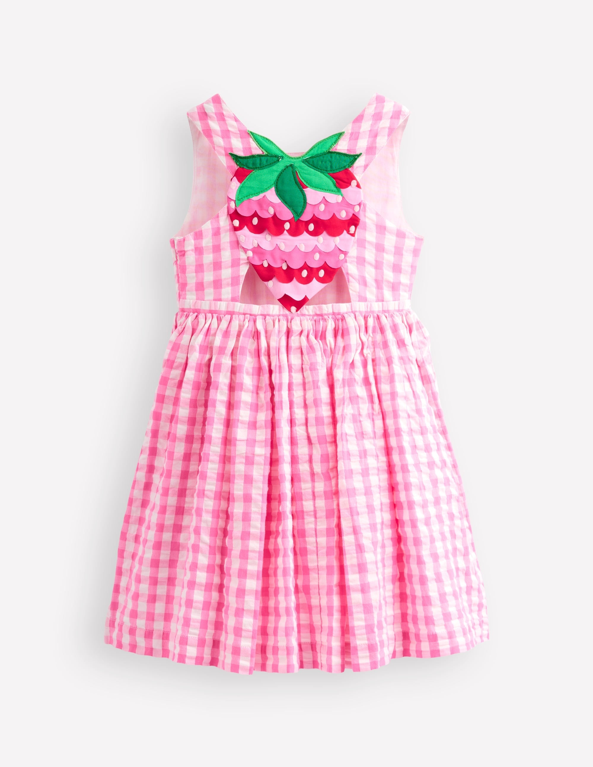 Applique Cross-Back Dress-Pink Gingham Strawberry - Image 4