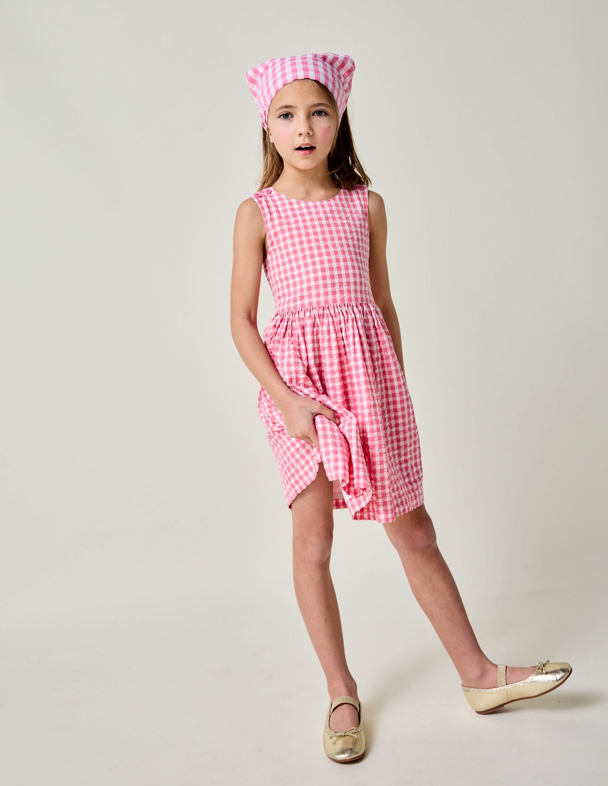 Applique Cross-Back Dress-Pink Gingham Strawberry - Image 1