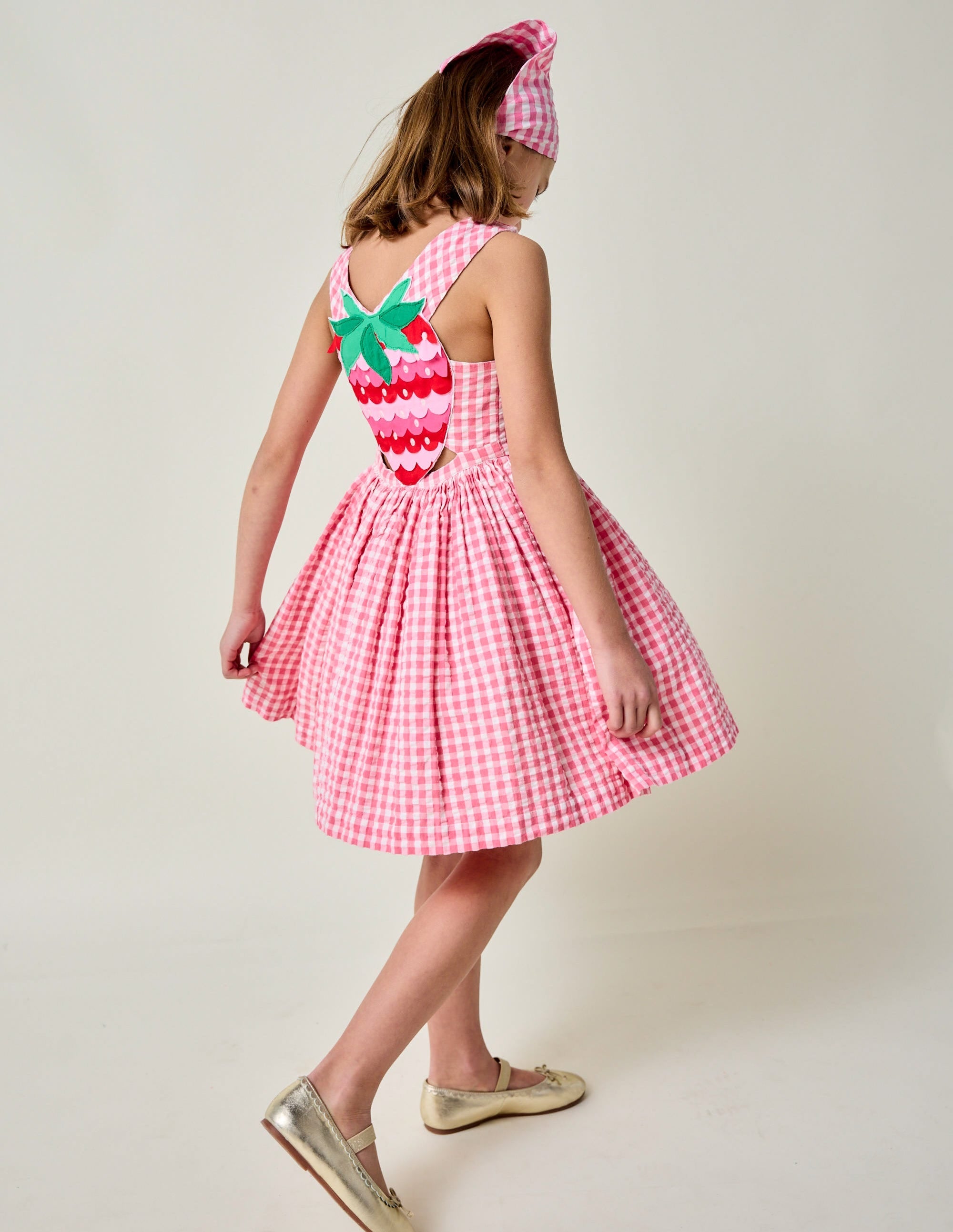 Applique Cross-Back Dress-Pink Gingham Strawberry - Image 2