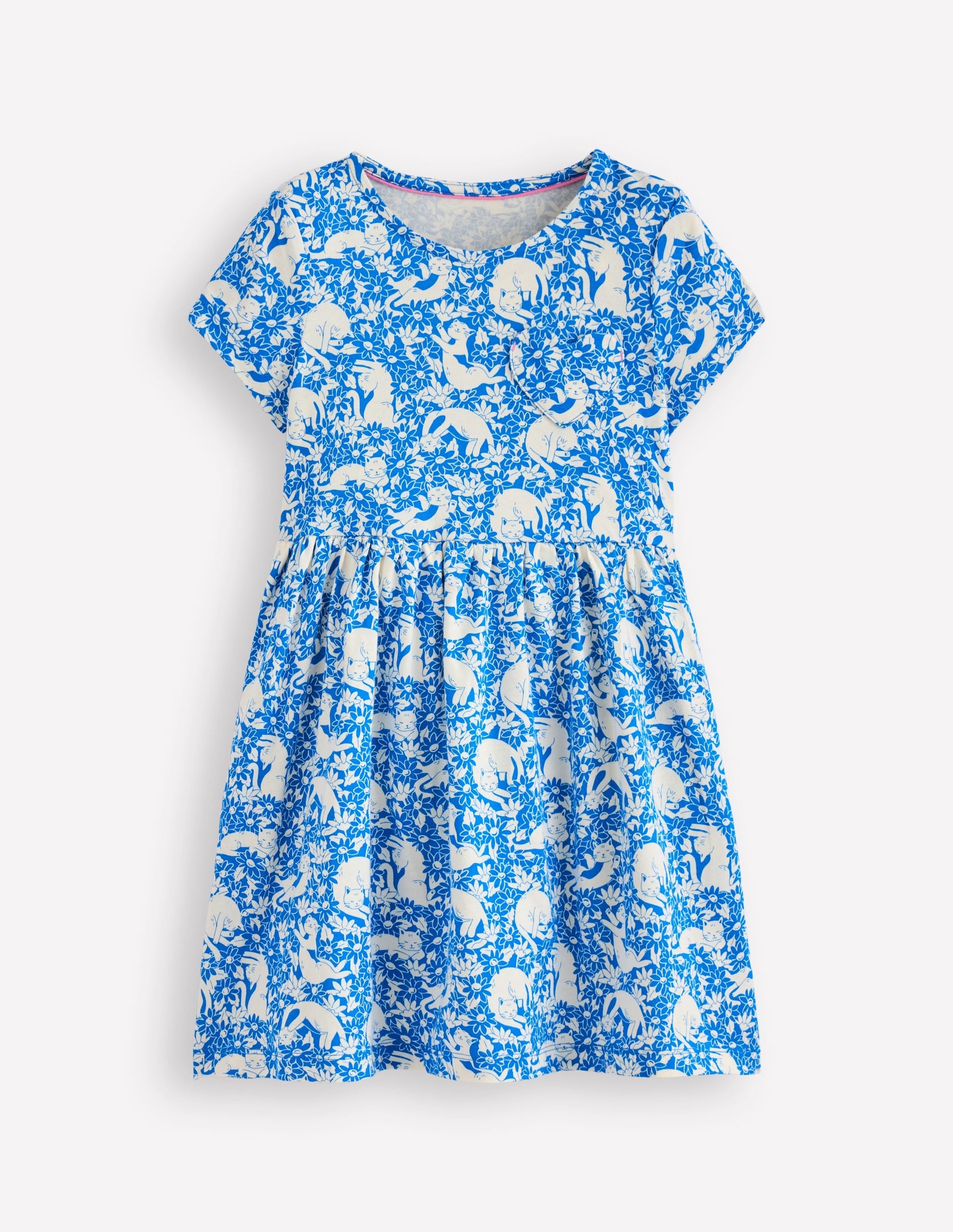 Heart Pocket Fun Jersey Dress-Kingfisher Blue Kitten Meadow-1