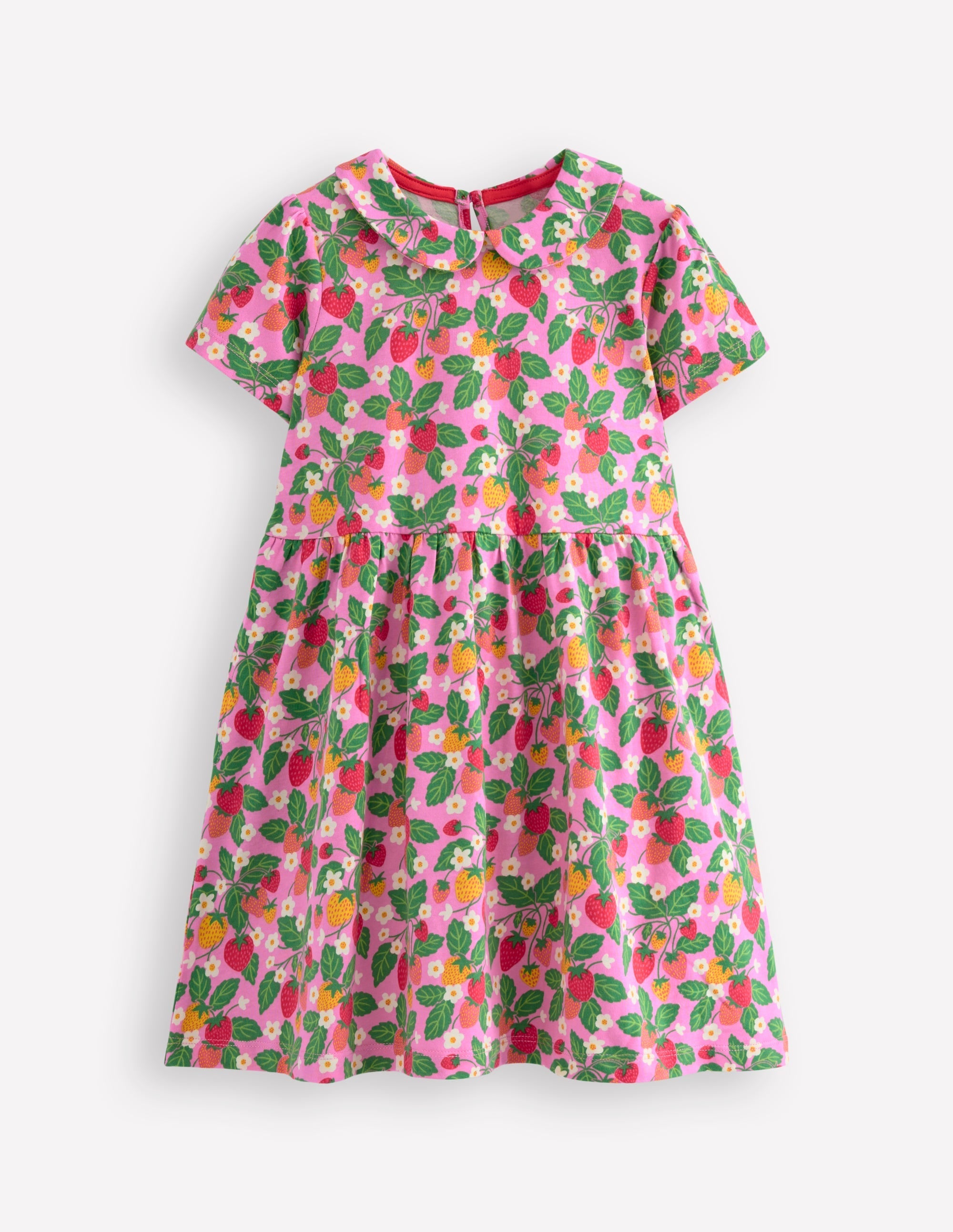 Peter Pan Collar Jersey Dress-Cosmos Pink Strawberry Patch - Image 1
