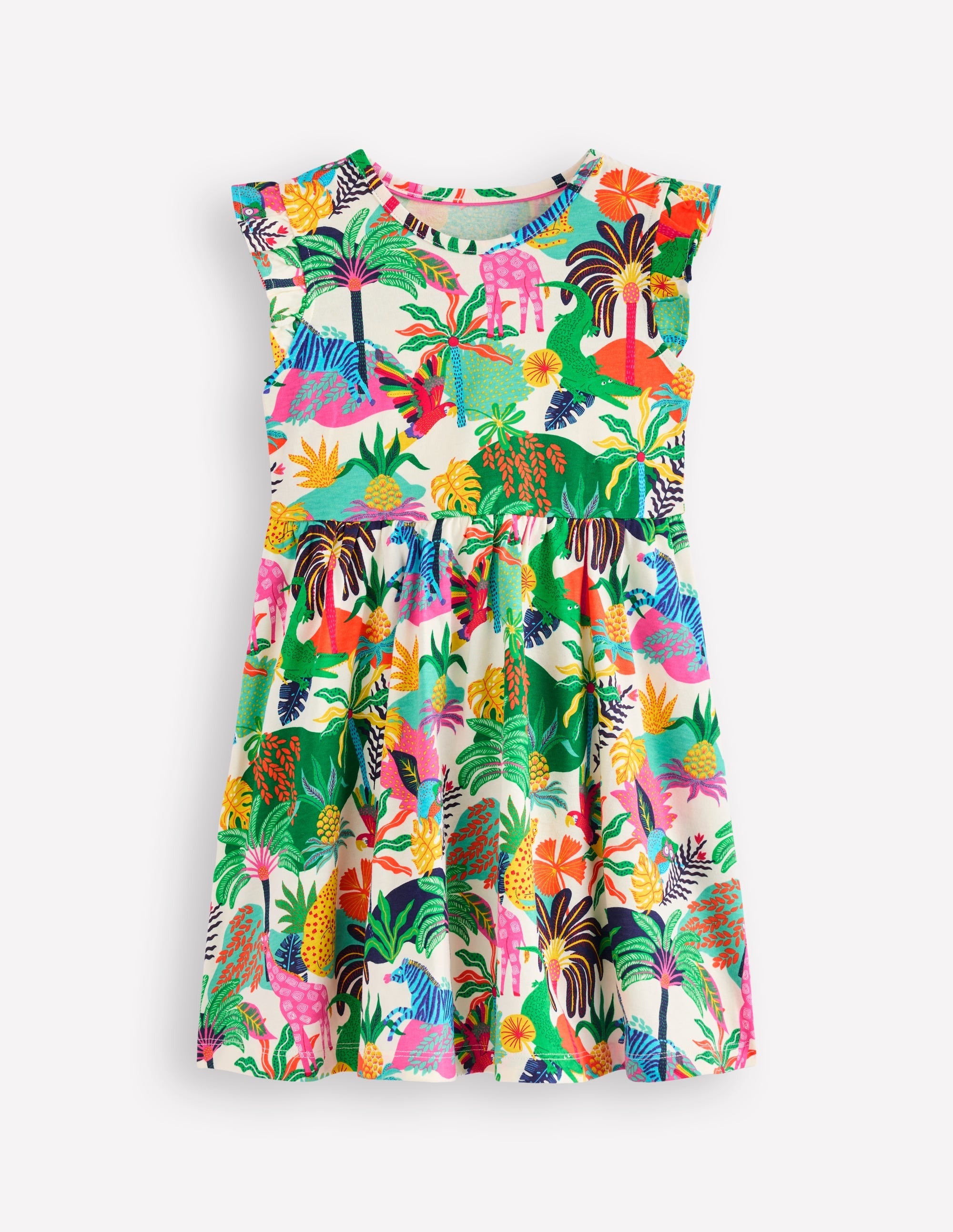 Frill Sleeve Jersey Dress-Soft Ivory Multi Jungle - Image 1