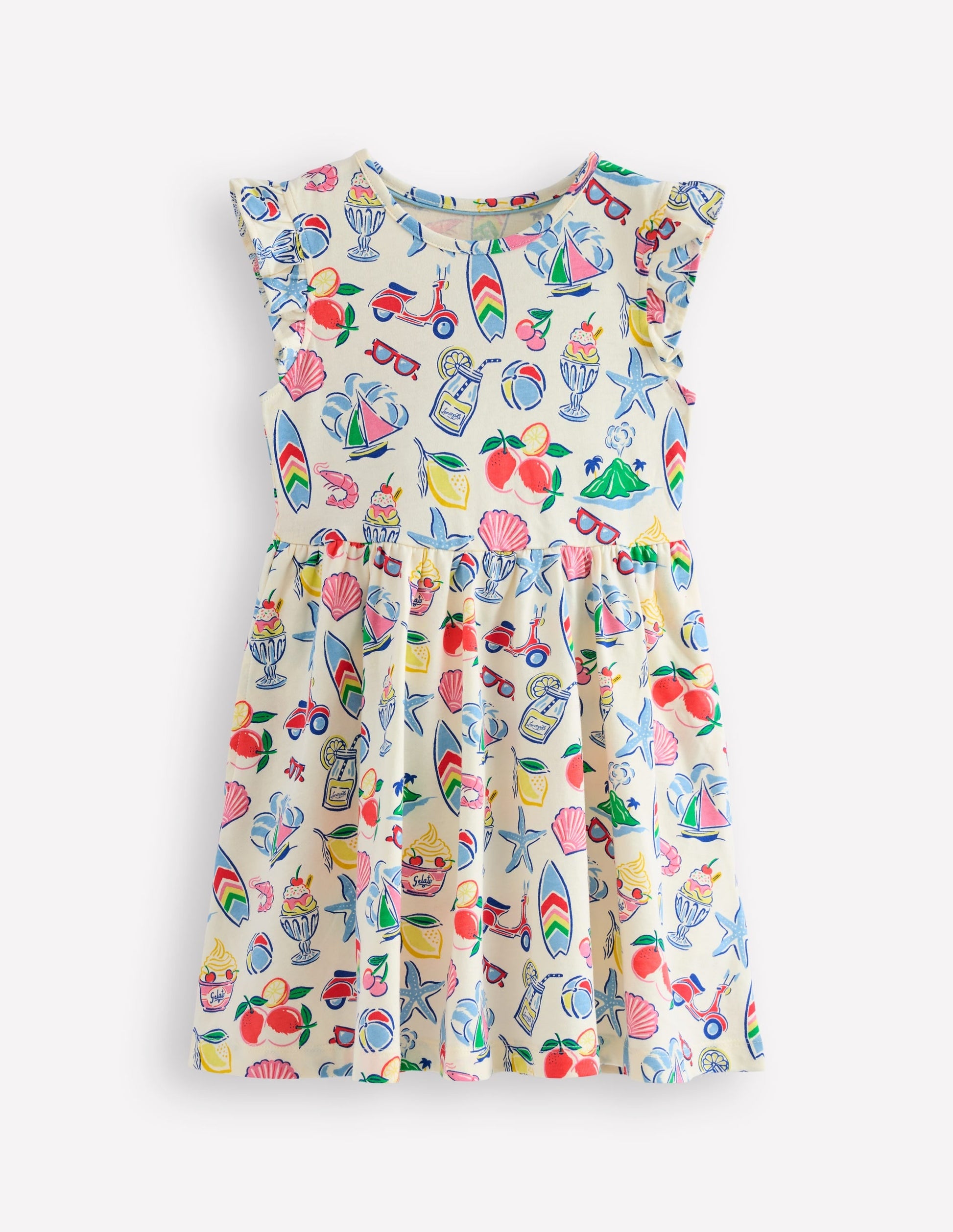 Frill Sleeve Jersey Dress-Ivory Holiday Print-2