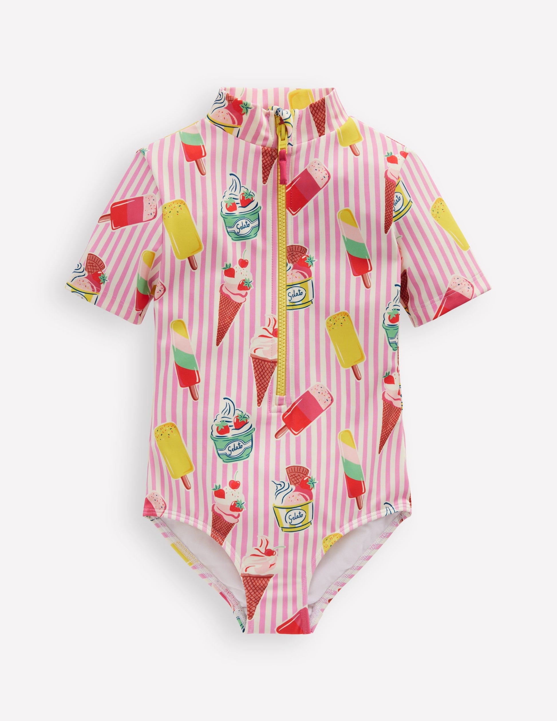 Short-sleeved Swimsuit-Vintage Pink Ice Cream Stripe-1