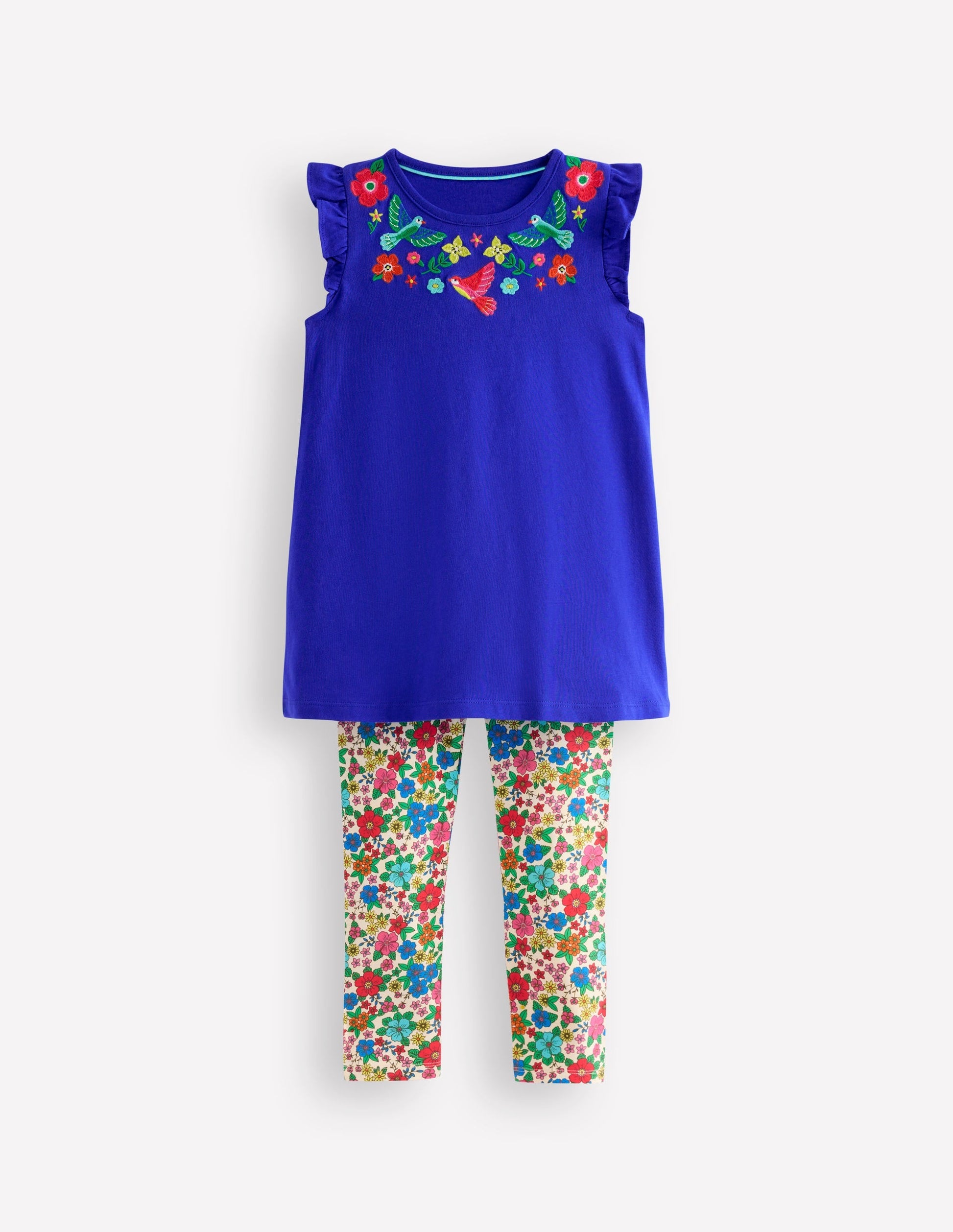 Frill Sleeve Tunic Set-Bright Blue Embroidery-1