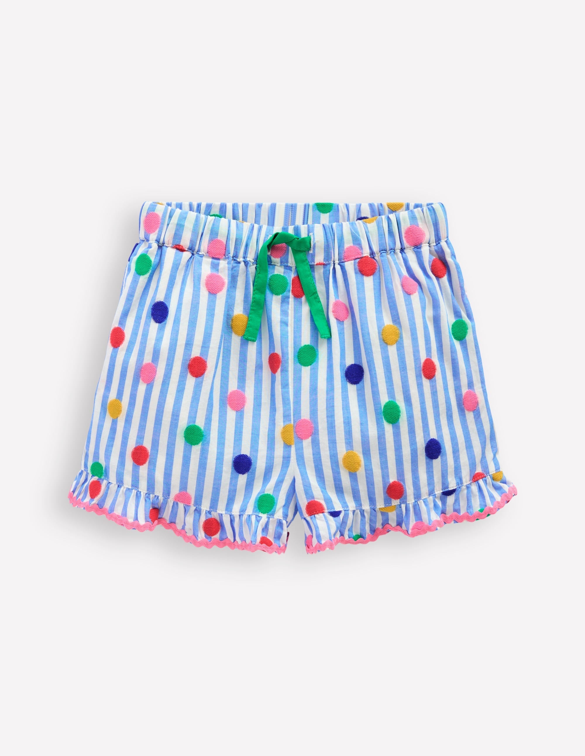 Juniper Woven Frill Shorts-Peacock Plume Blue Spot - Image 1