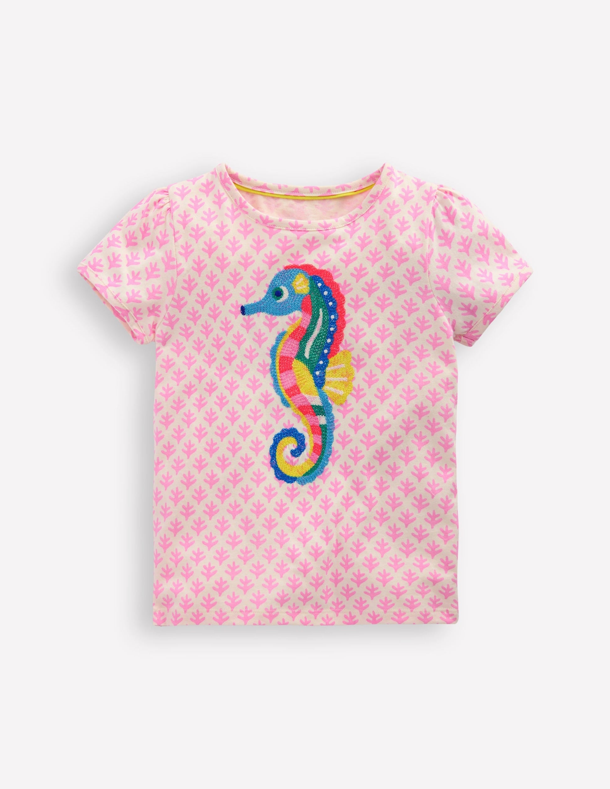 Puff Sleeve Superstitch Top-Pink Woodblock Seahorse-1