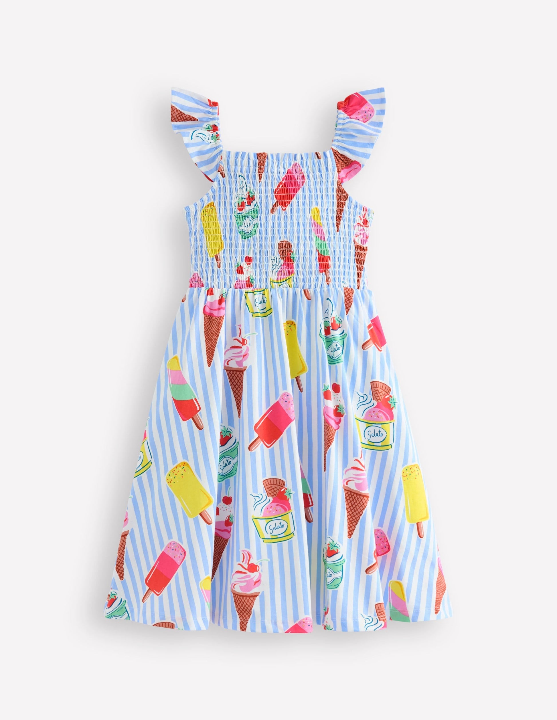 Shirred Jersey Dress-Vintage Blue Ice Cream Stripe-2
