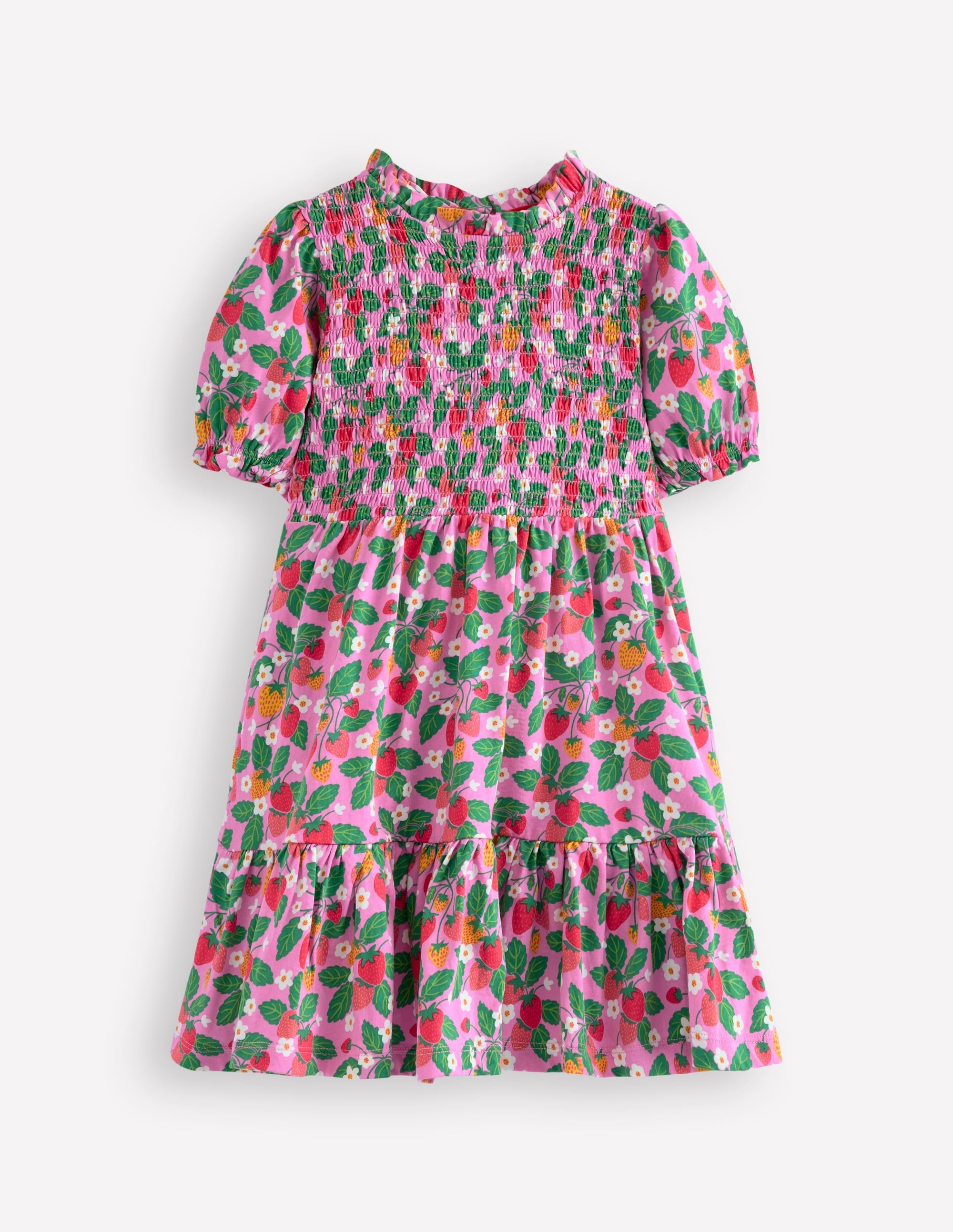 Aurora Shirred Twirly Dress-Cosmos Pink Strawberry Patch - Image 1