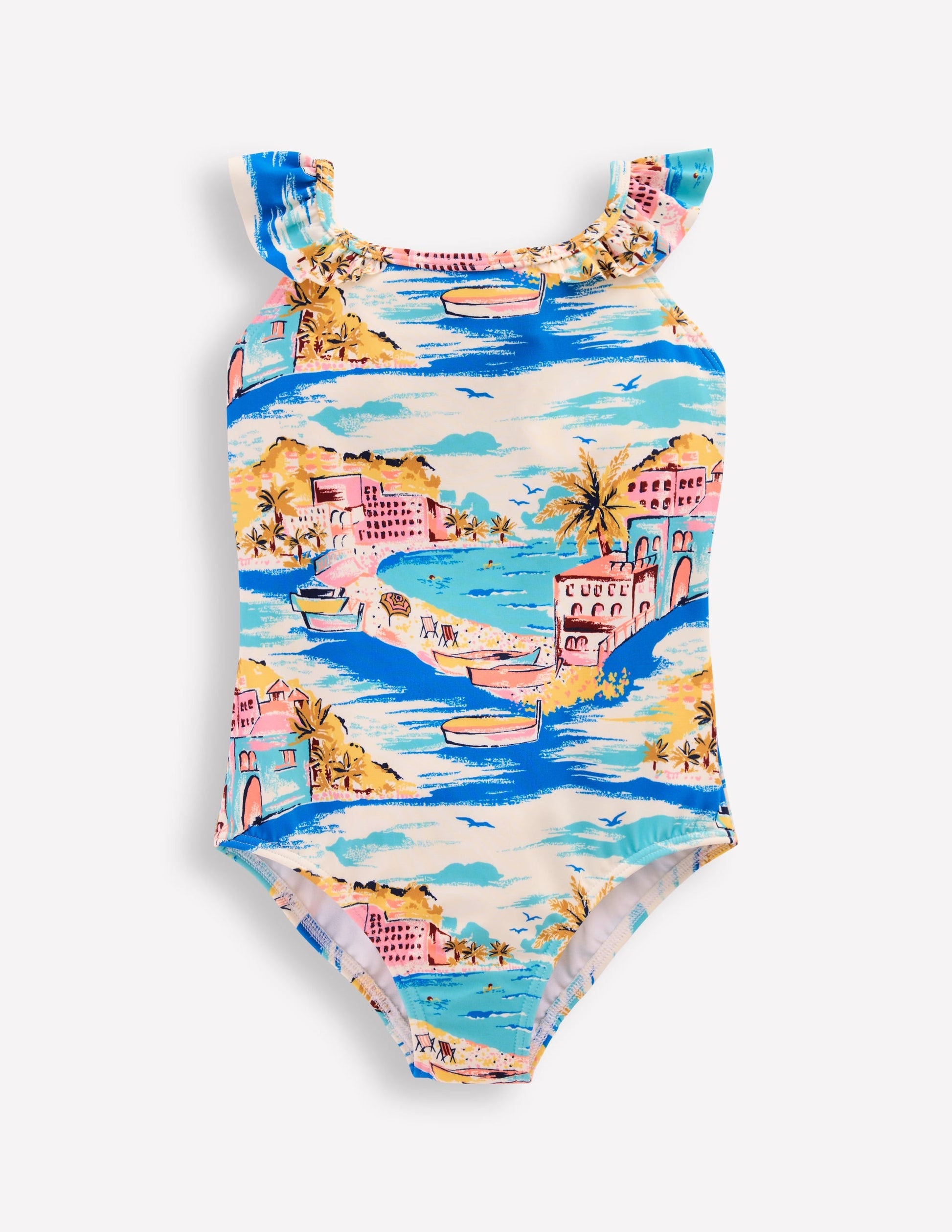 Hallie Frill Strap Swimsuit-Multi Coastal Scene-1