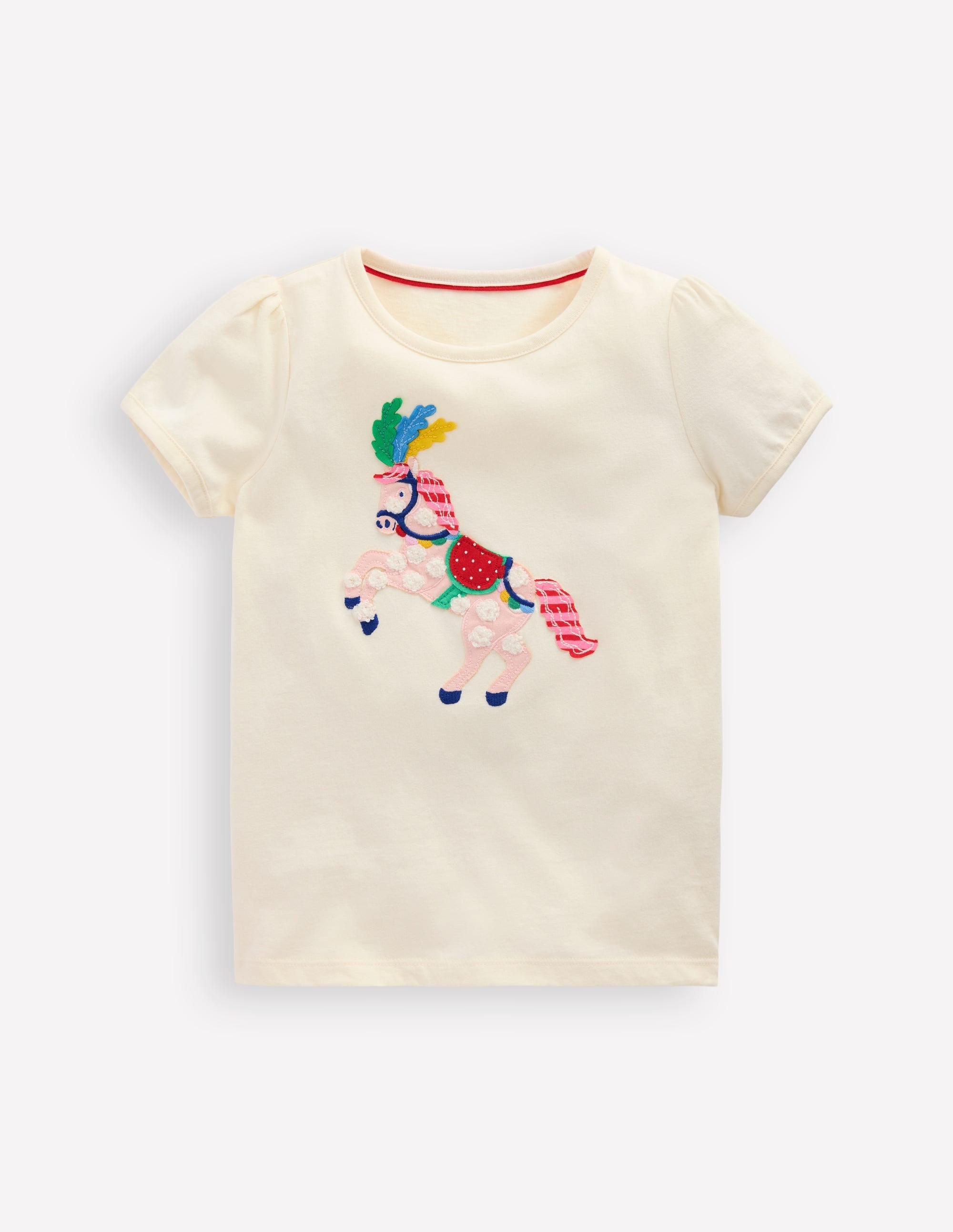Puff Sleeve Appliqué T-shirt-Soft Ivory Horse - Image 1