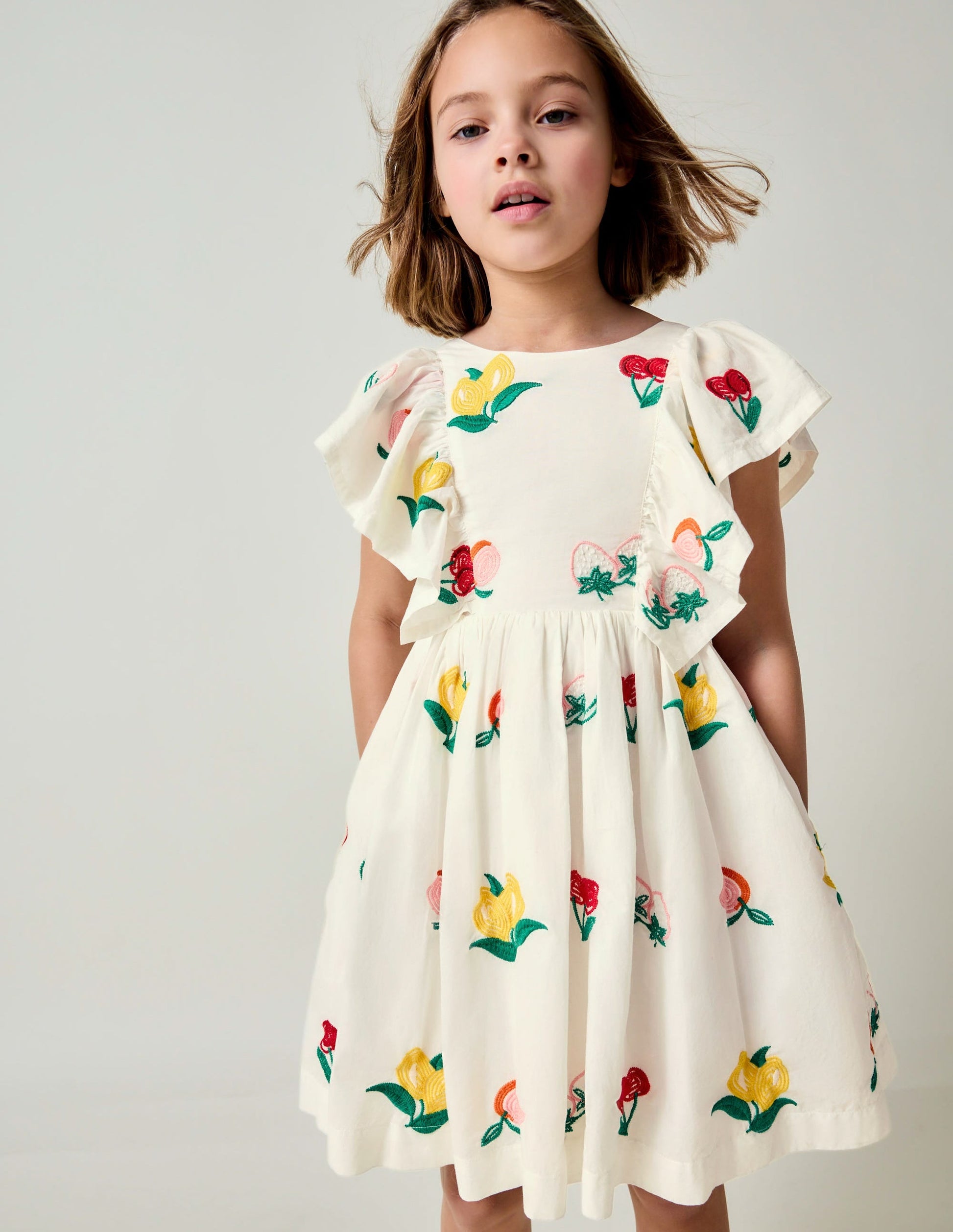 Embroidered Woven Dress-Ivory Embroidered Fruit-1