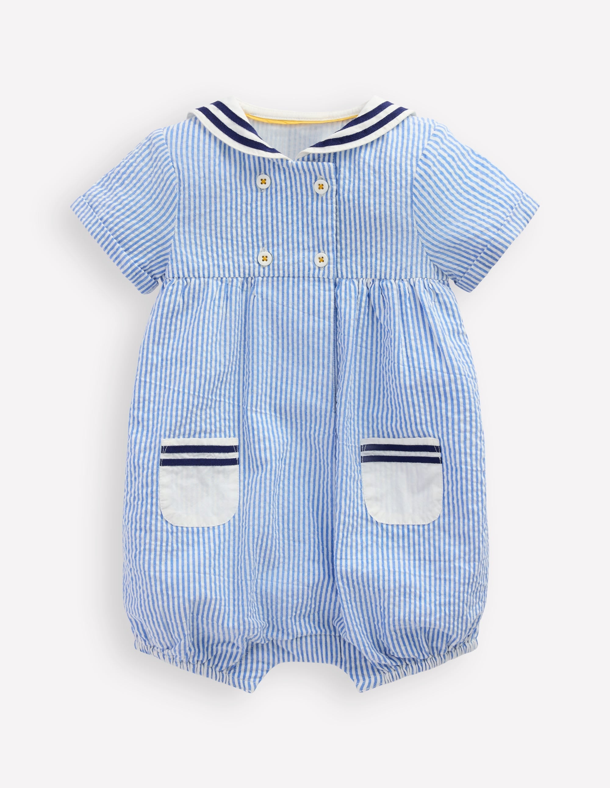 Boys Heritage Nautical Romper-Vintage Blue Ticking Stripe - Image 2