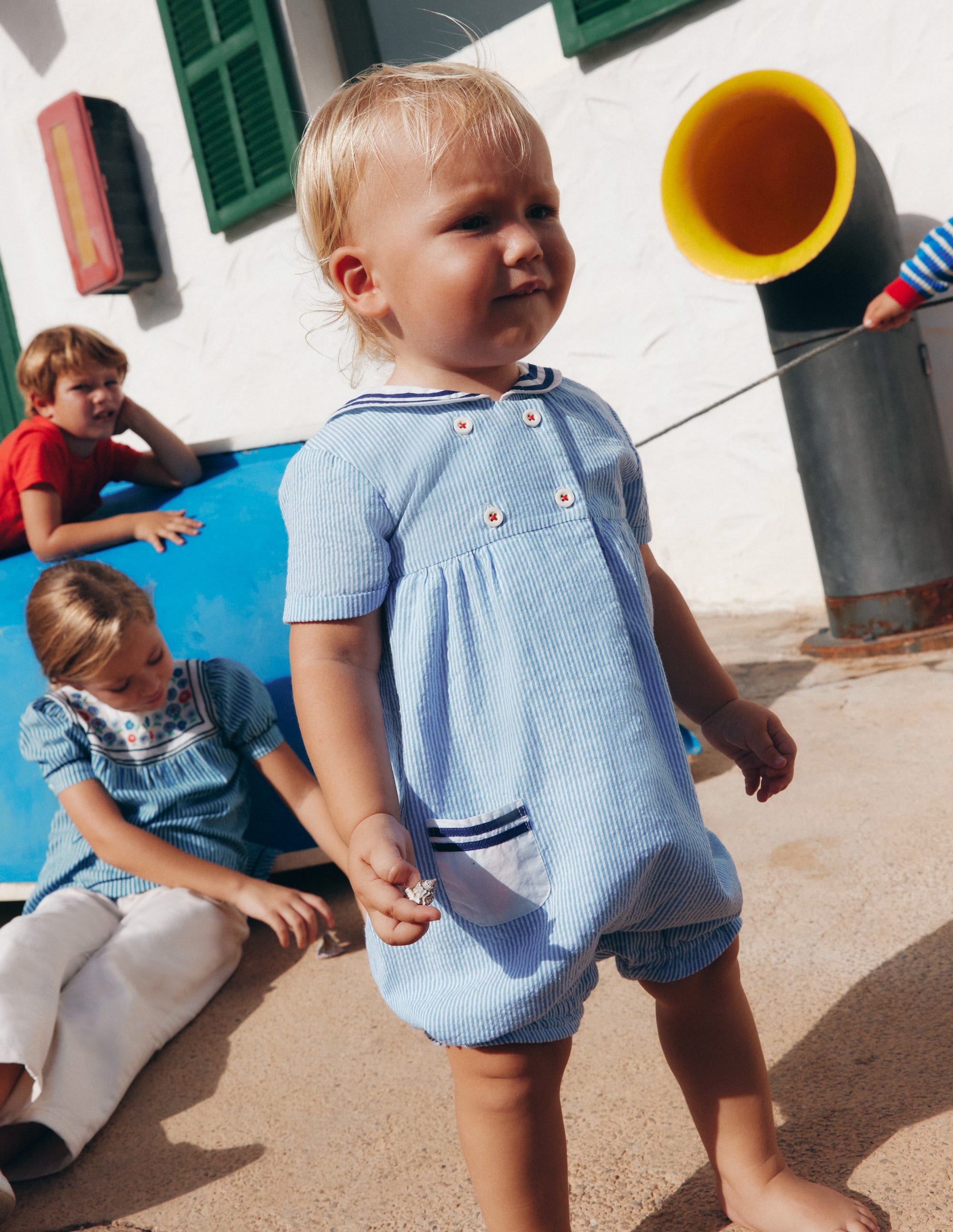 Boys Heritage Nautical Romper-Vintage Blue Ticking Stripe - Image 1