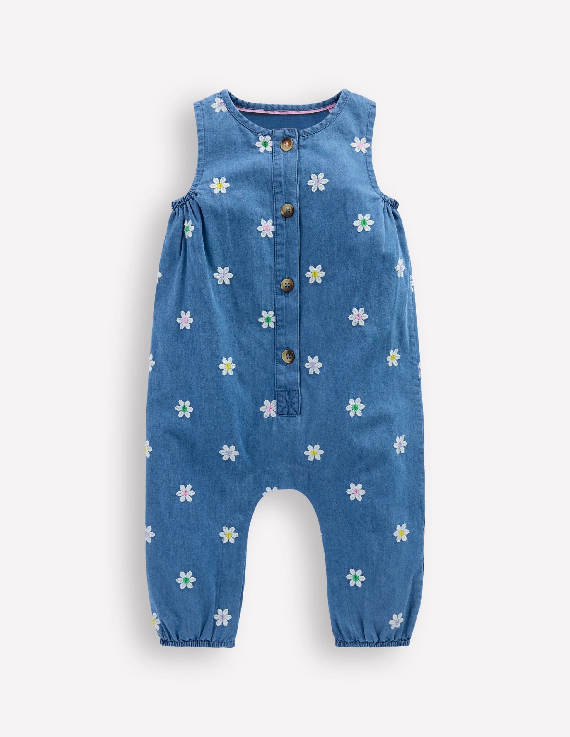 Embroidered Chambray Romper-Denim Daisy Embroidery-1