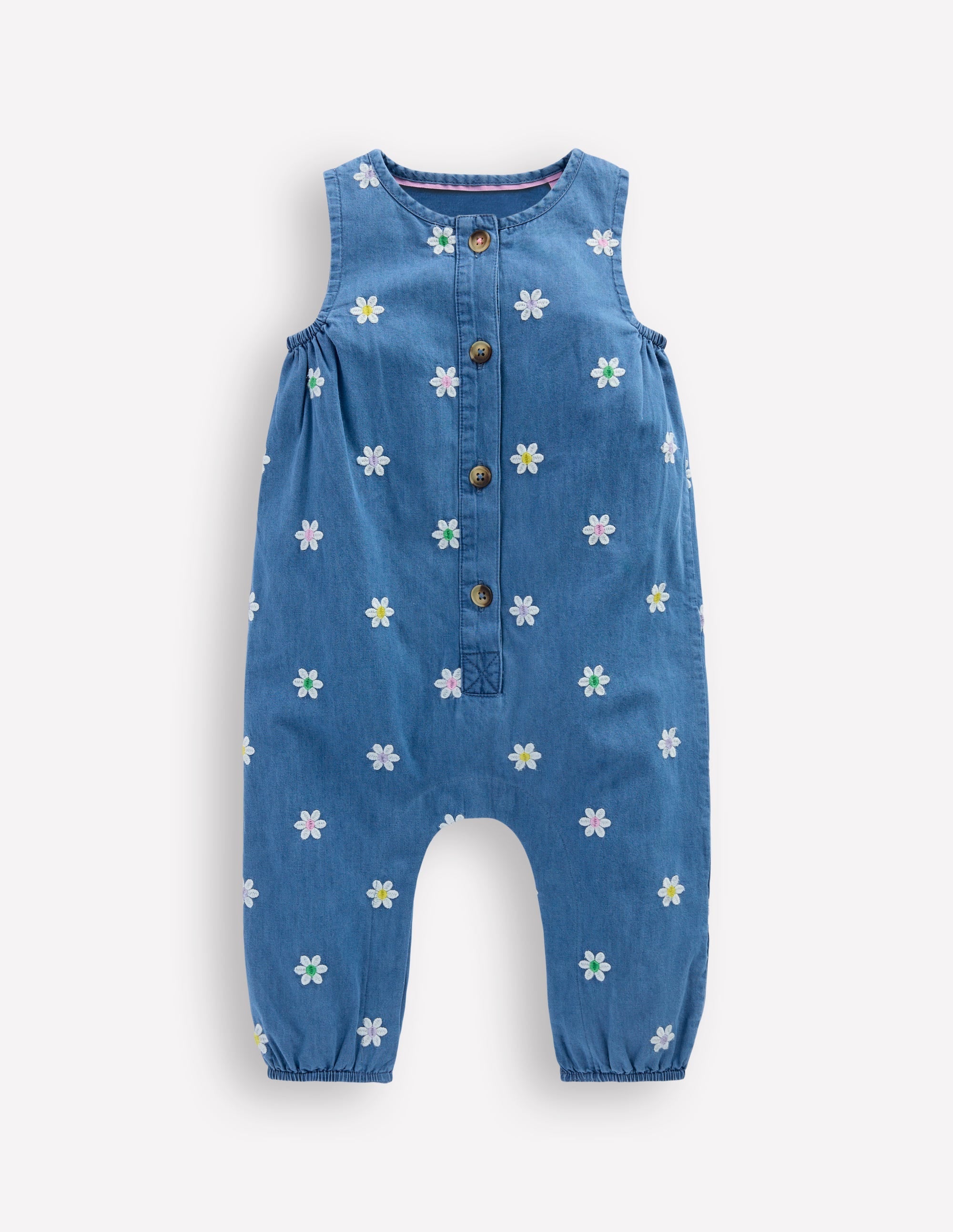 Embroidered Chambray Romper-Denim Daisy Embroidery - Image 1