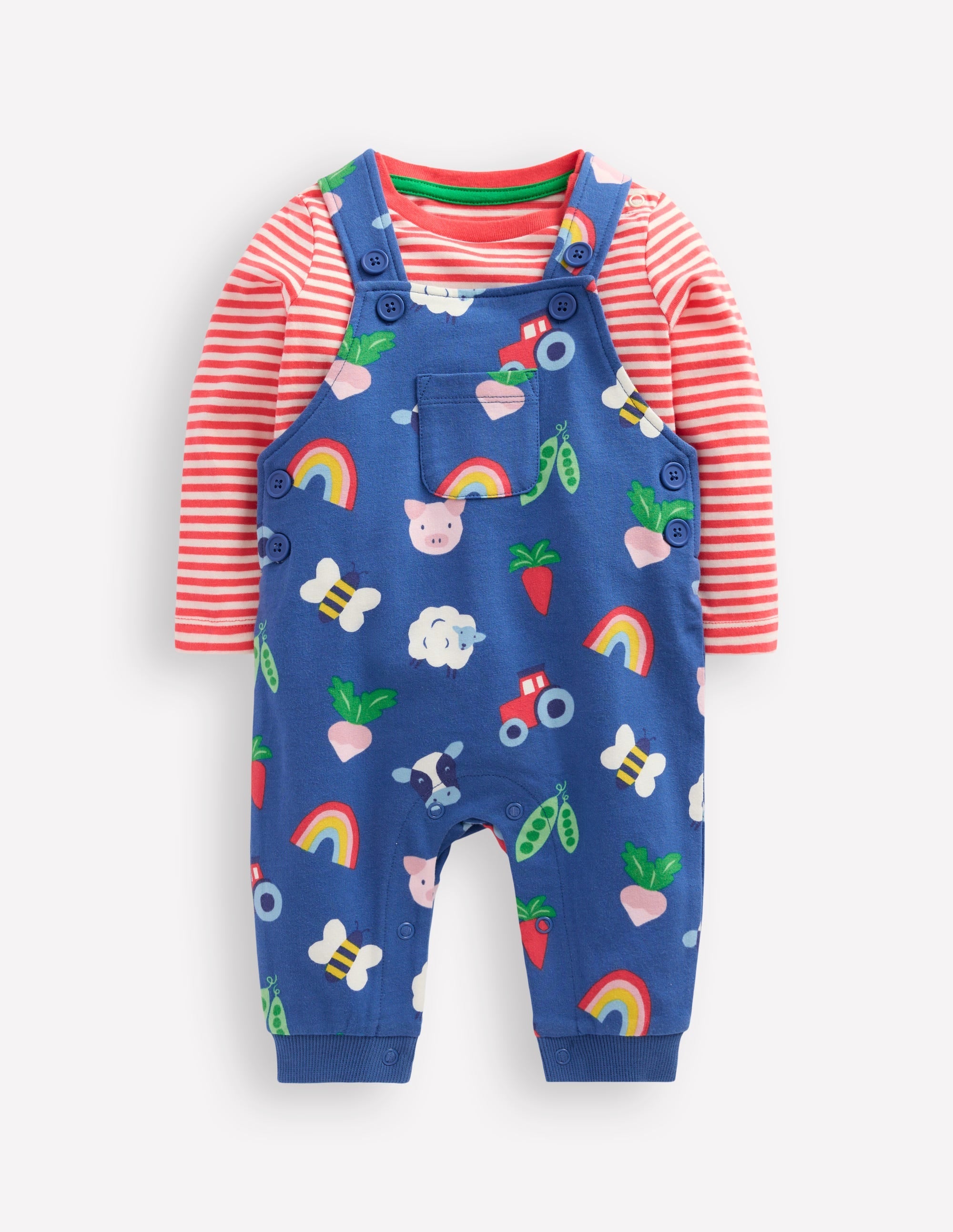 Printed Jersey Dungaree Set-Delft Rainbow Farm - Image 1
