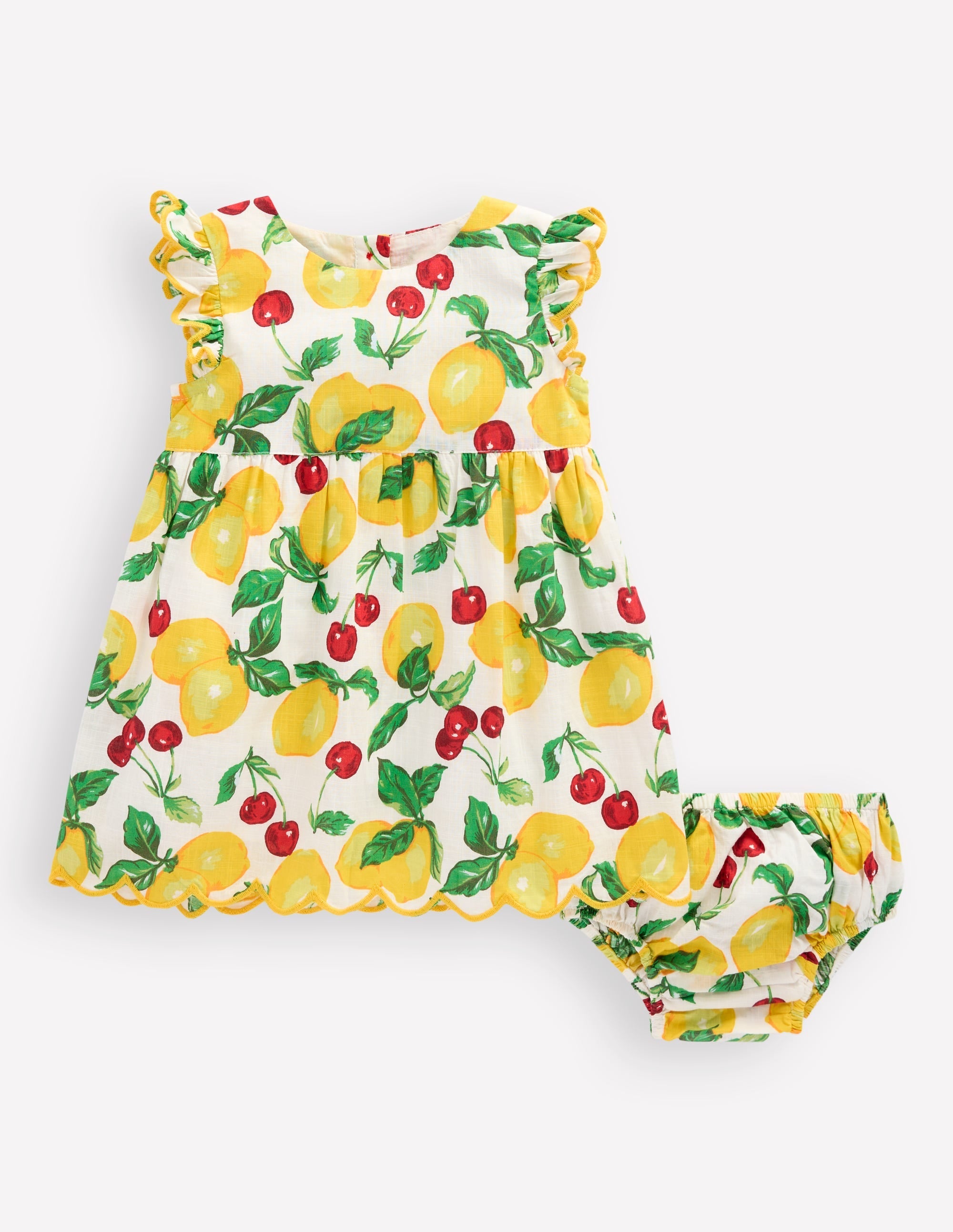 Woven Frill Dress-Soft Ivory Lemons and Cherries - Image 1