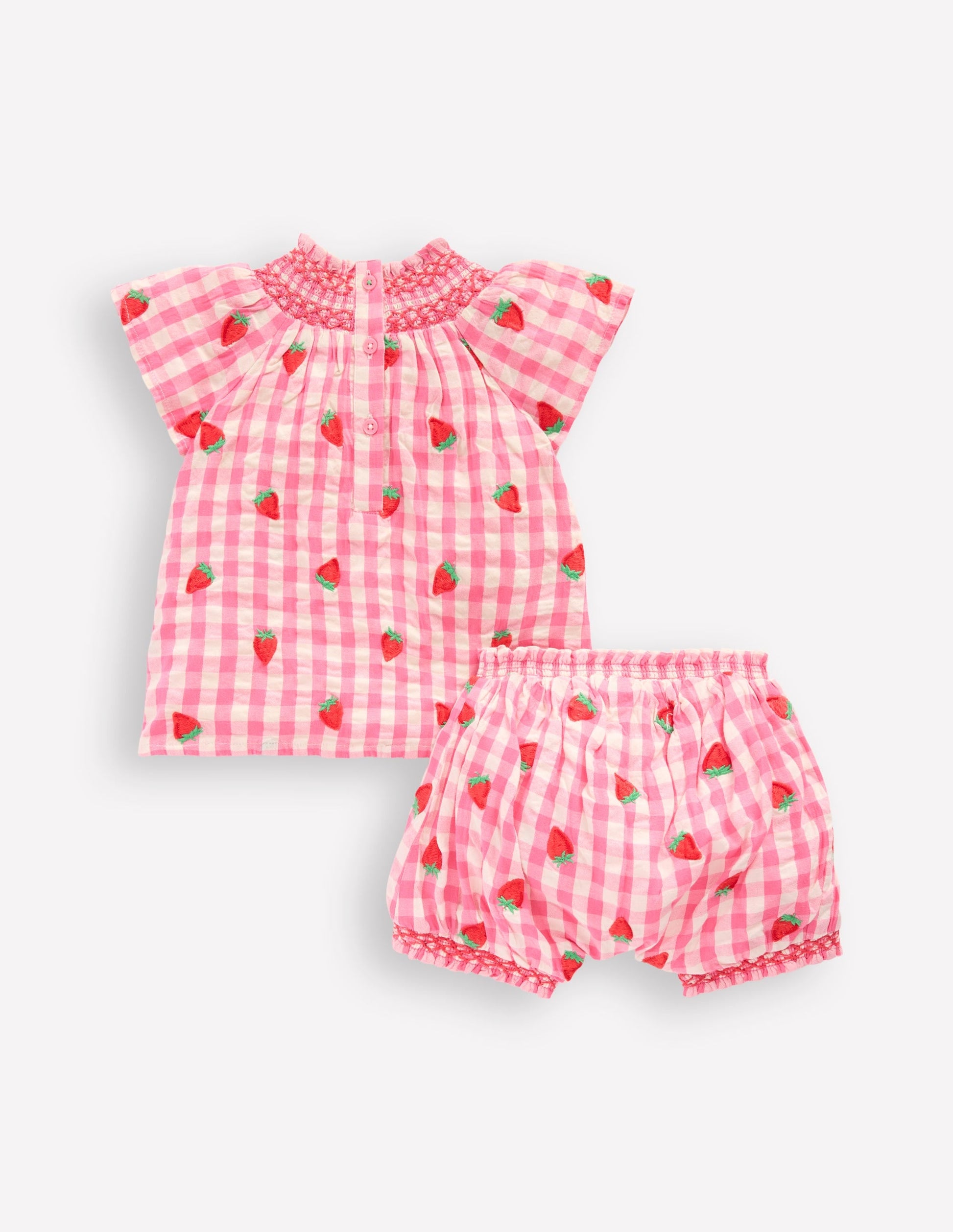 Smocked Play Set-Pink Rose Gingham Strawberries-2