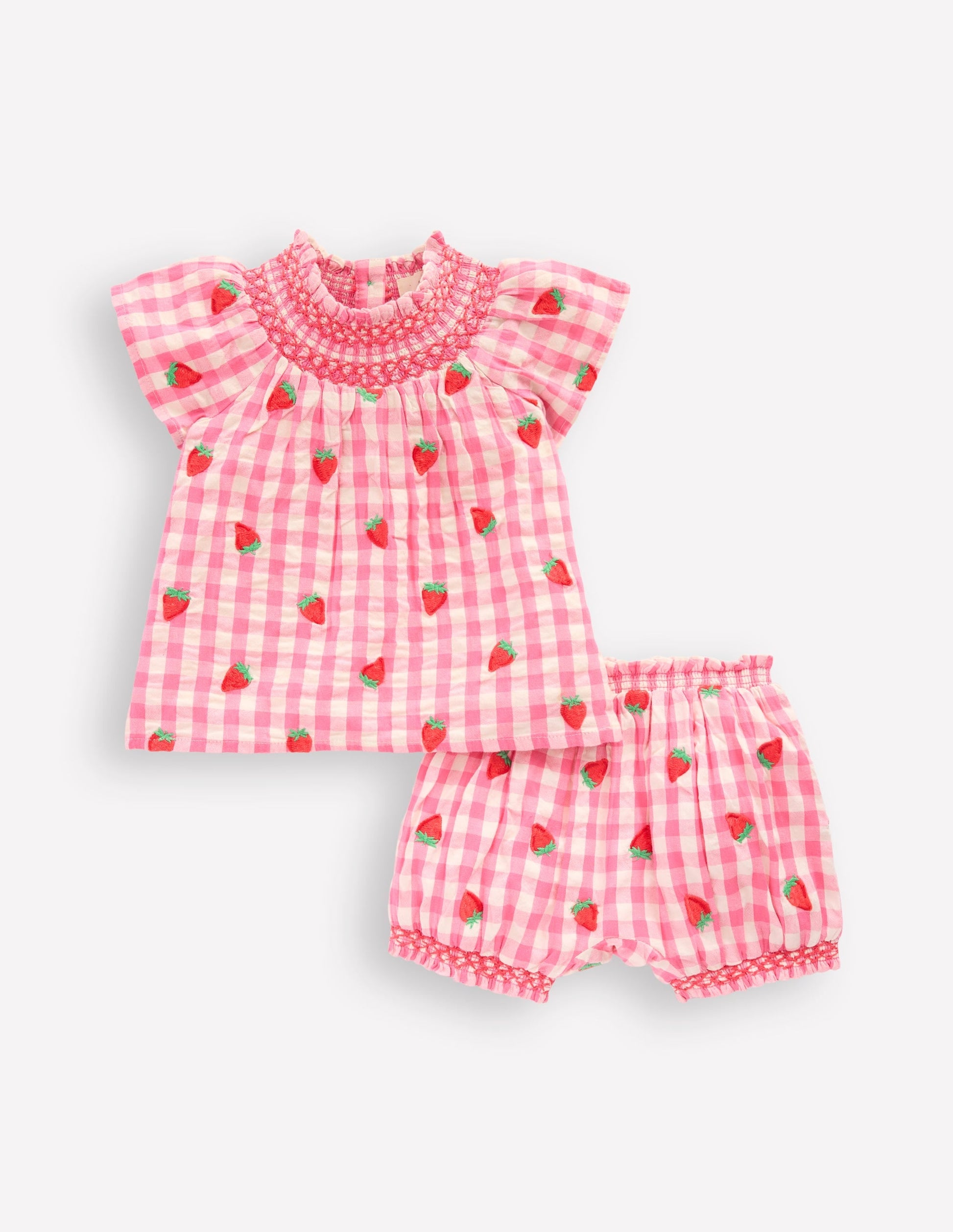Smocked Play Set-Pink Rose Gingham Strawberries-1