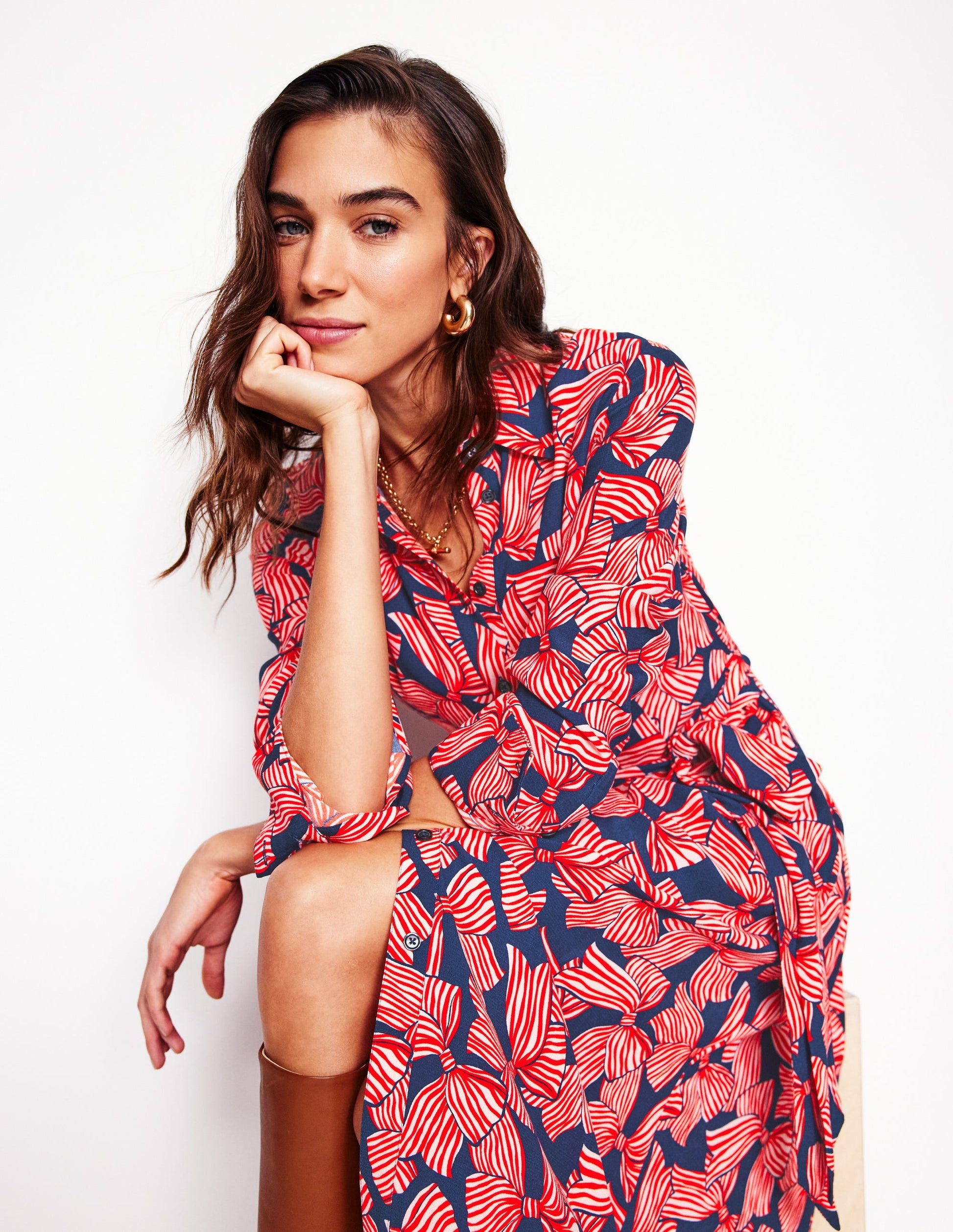Kate Midi Shirt Dress-French Navy, Bow Scatter-1
