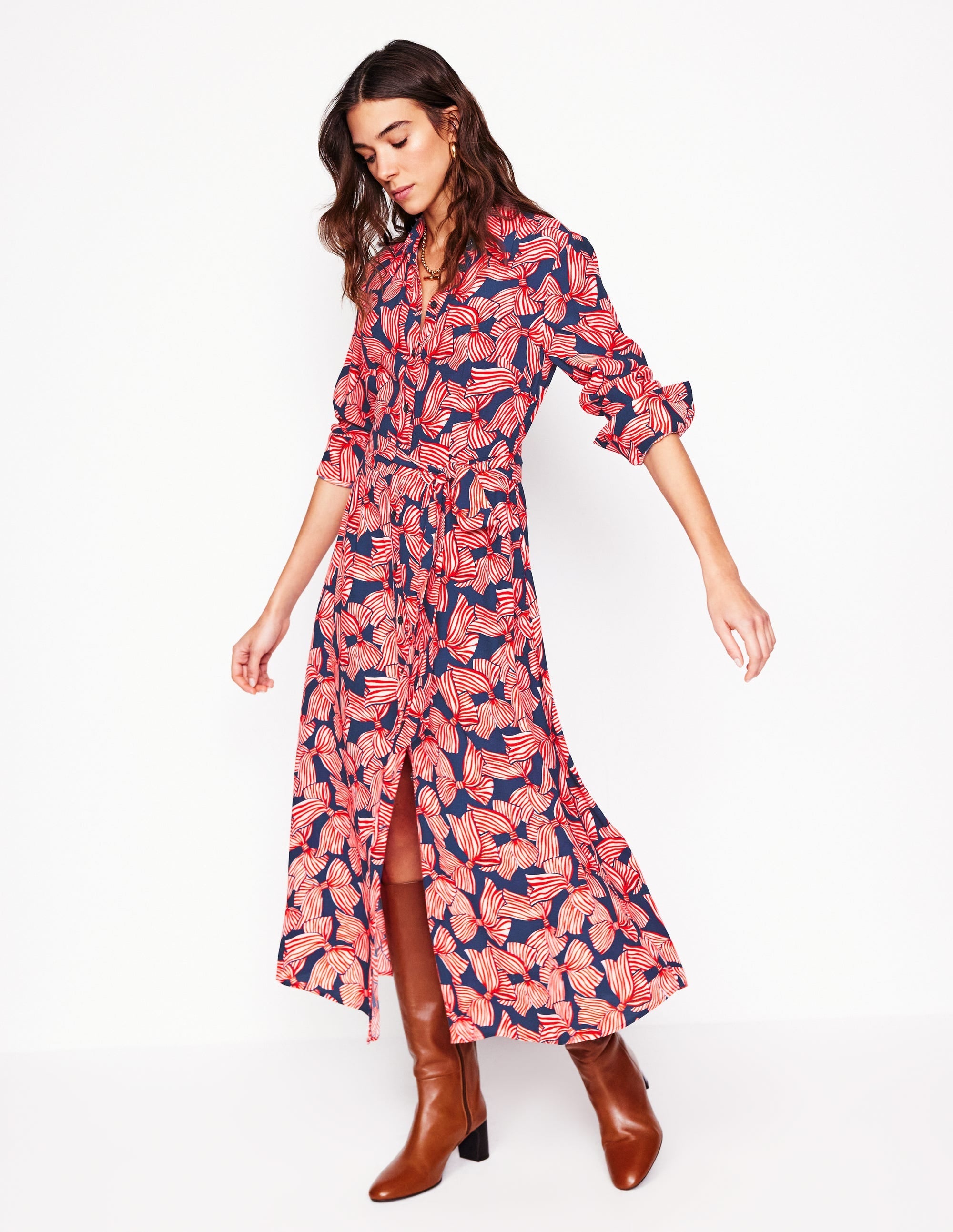 Kate Midi Shirt Dress-French Navy, Bow Scatter - Image 2
