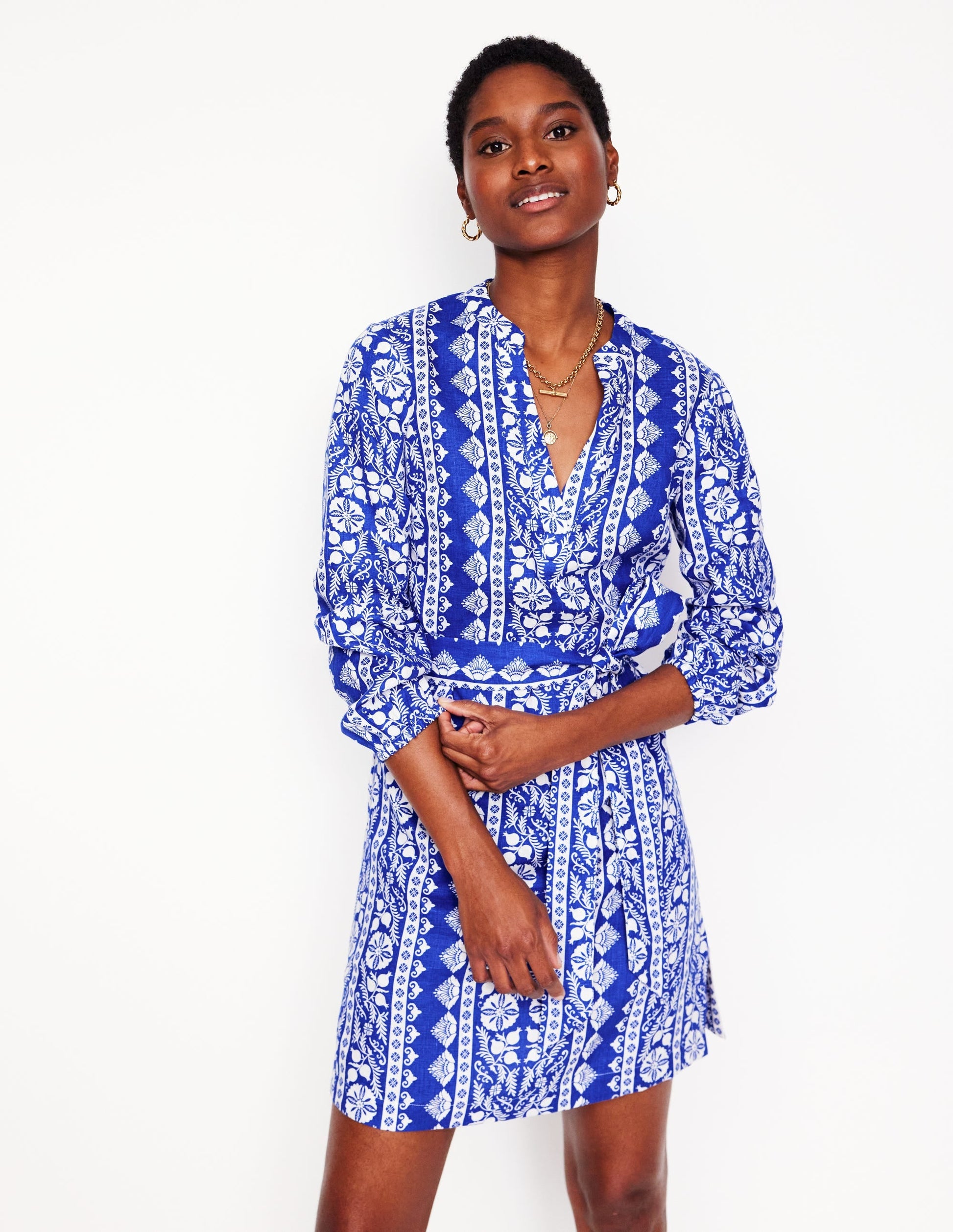 Cleo Linen Tie Waist Dress-Bright Blue, Ornate Border-1