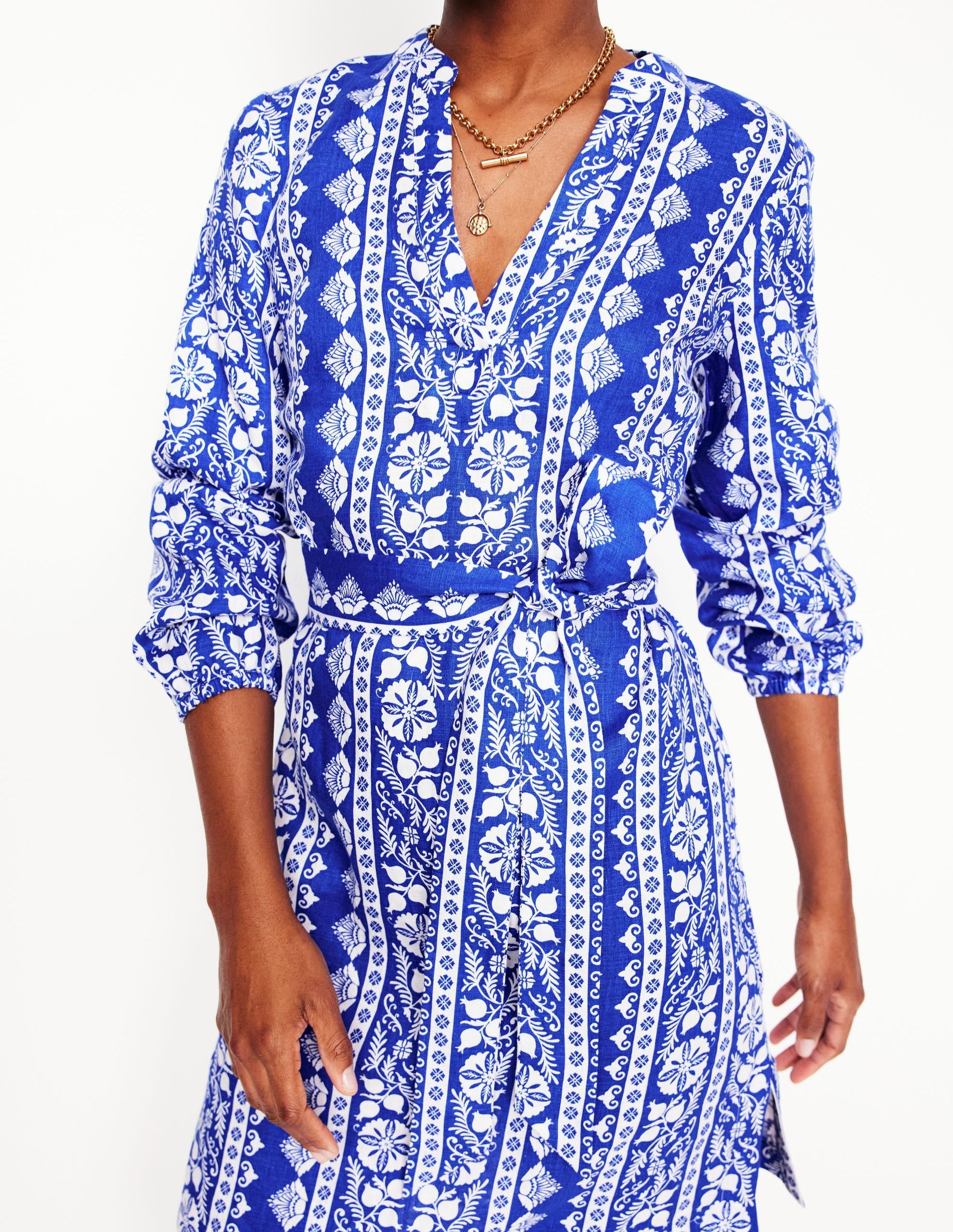Cleo Linen Tie Waist Dress-Bright Blue, Ornate Border-3