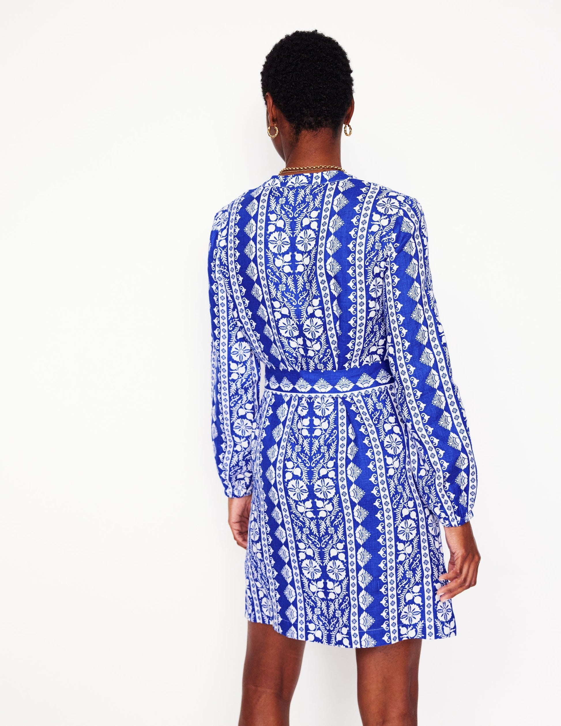 Cleo Linen Tie Waist Dress-Bright Blue, Ornate Border-4