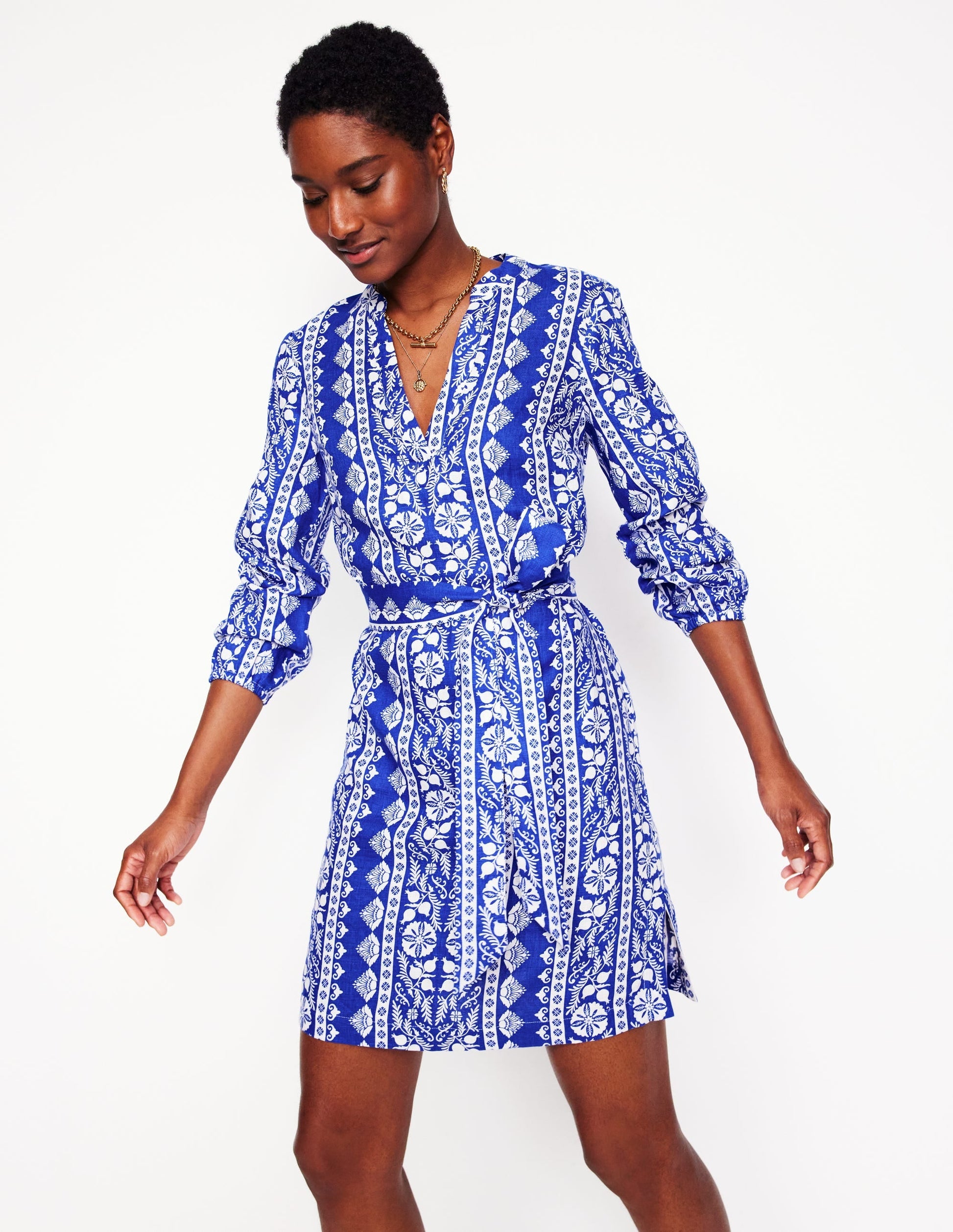 Cleo Linen Tie Waist Dress-Bright Blue, Ornate Border-5
