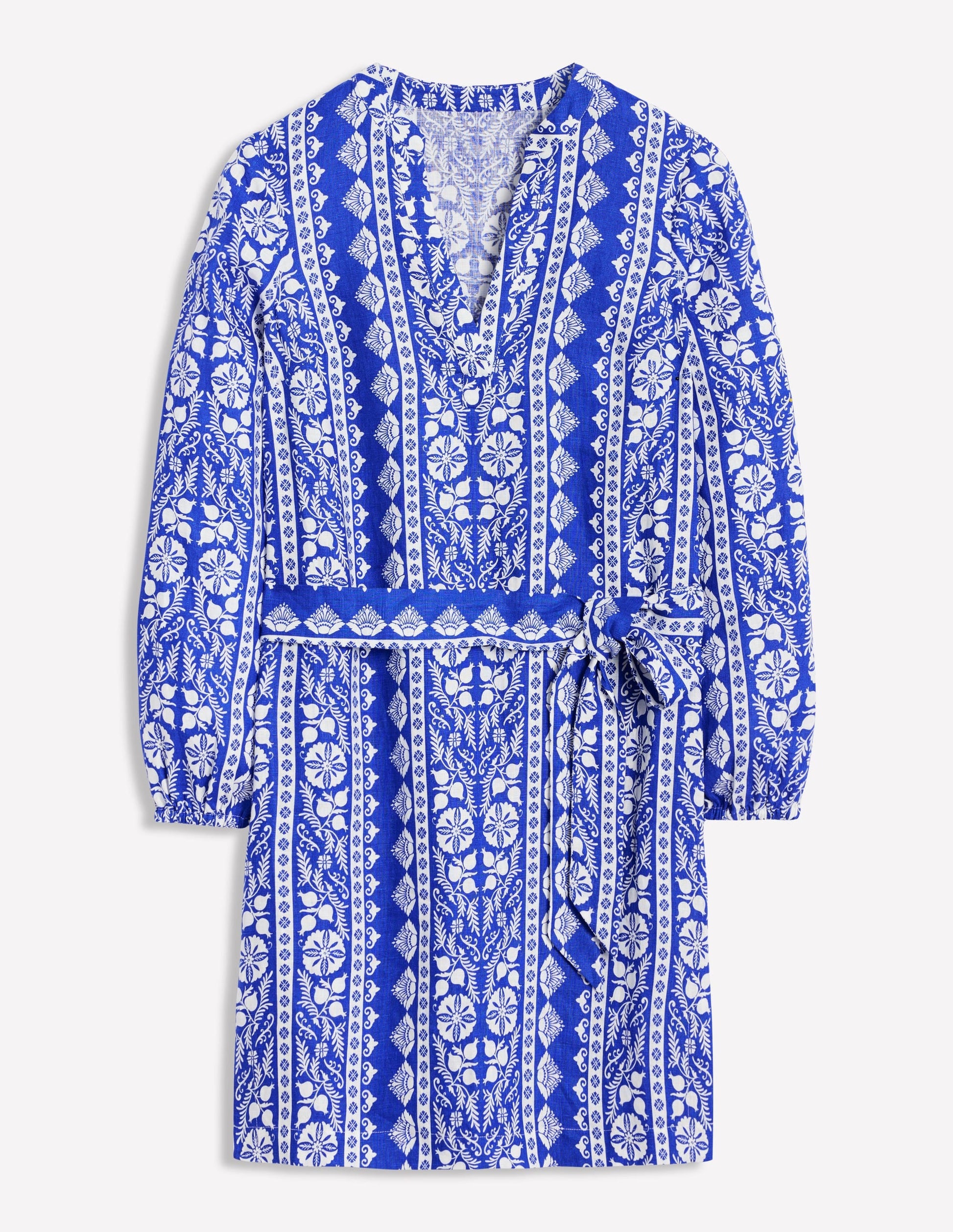 Cleo Linen Tie Waist Dress-Bright Blue, Ornate Border-6