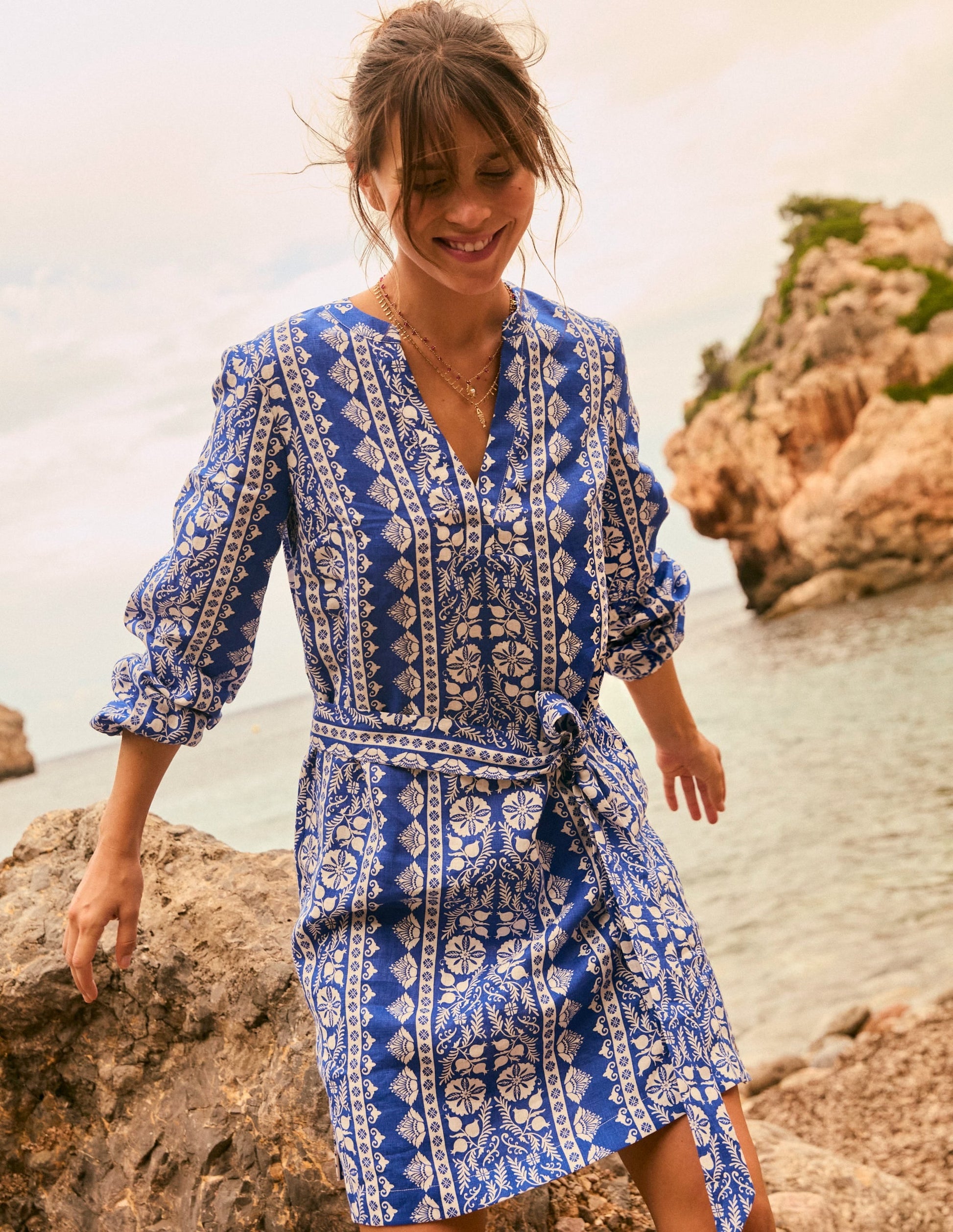 Cleo Linen Tie Waist Dress-Bright Blue, Ornate Border-2
